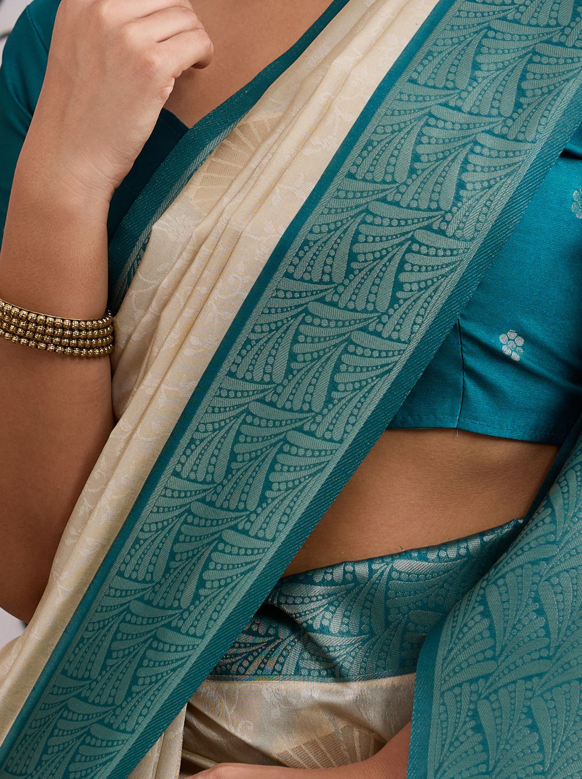 White-Blue Pongal Saree With Soft Gold Zari Weaving