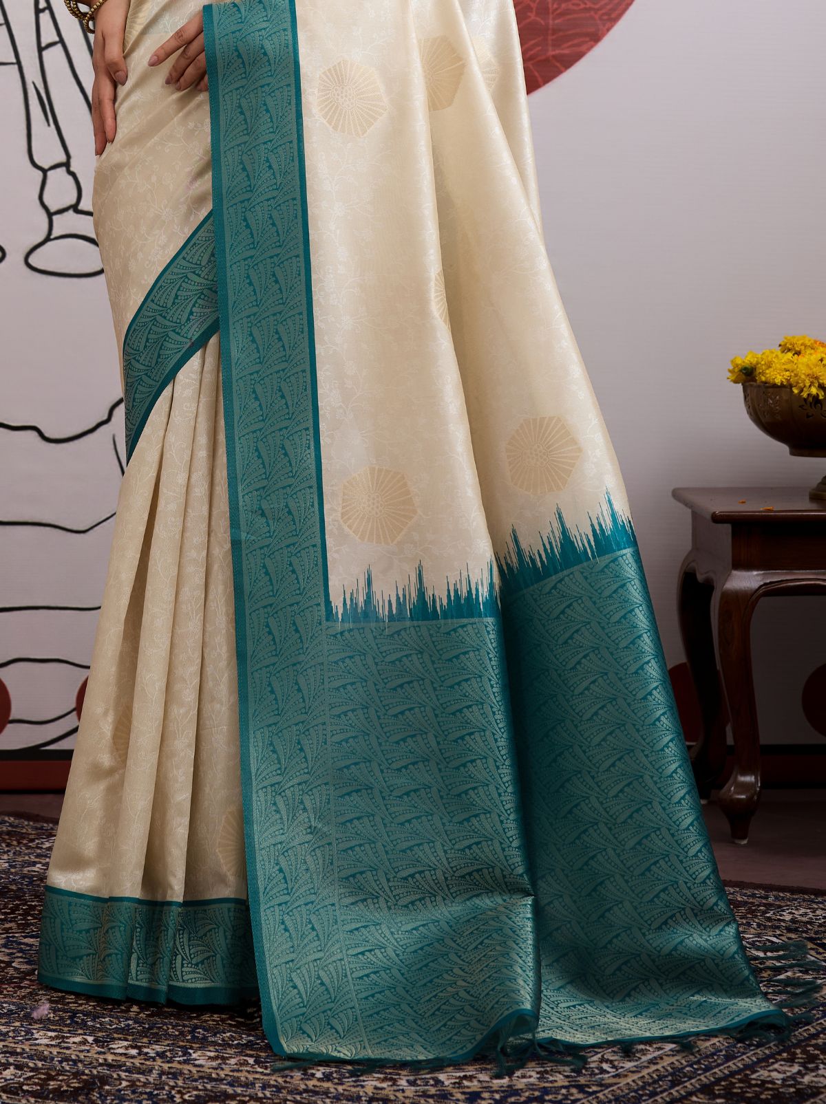 White-Blue Pongal Saree With Soft Gold Zari Weaving