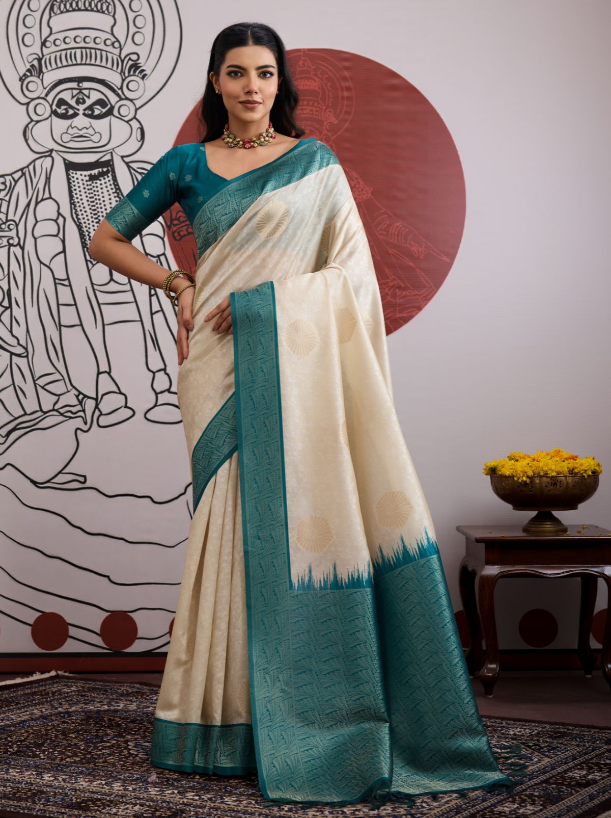 White-Blue Pongal Saree With Soft Gold Zari Weaving