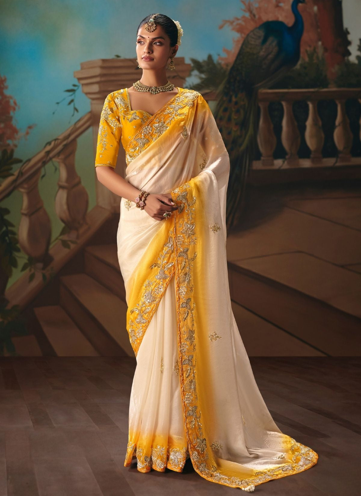 White Celebration Fancy Saree With Premium Blouse Piece - TrendOye