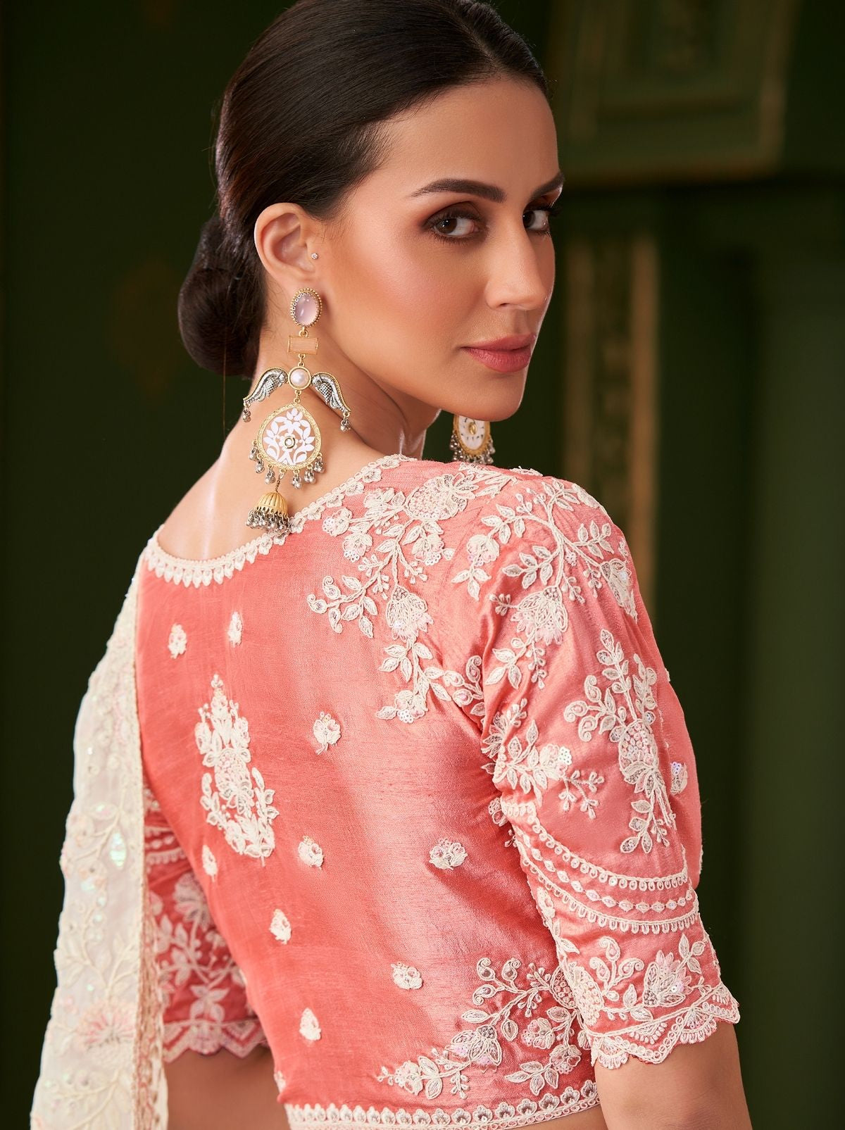 White Designer Georgette Silk Bridal Saree with Tassels