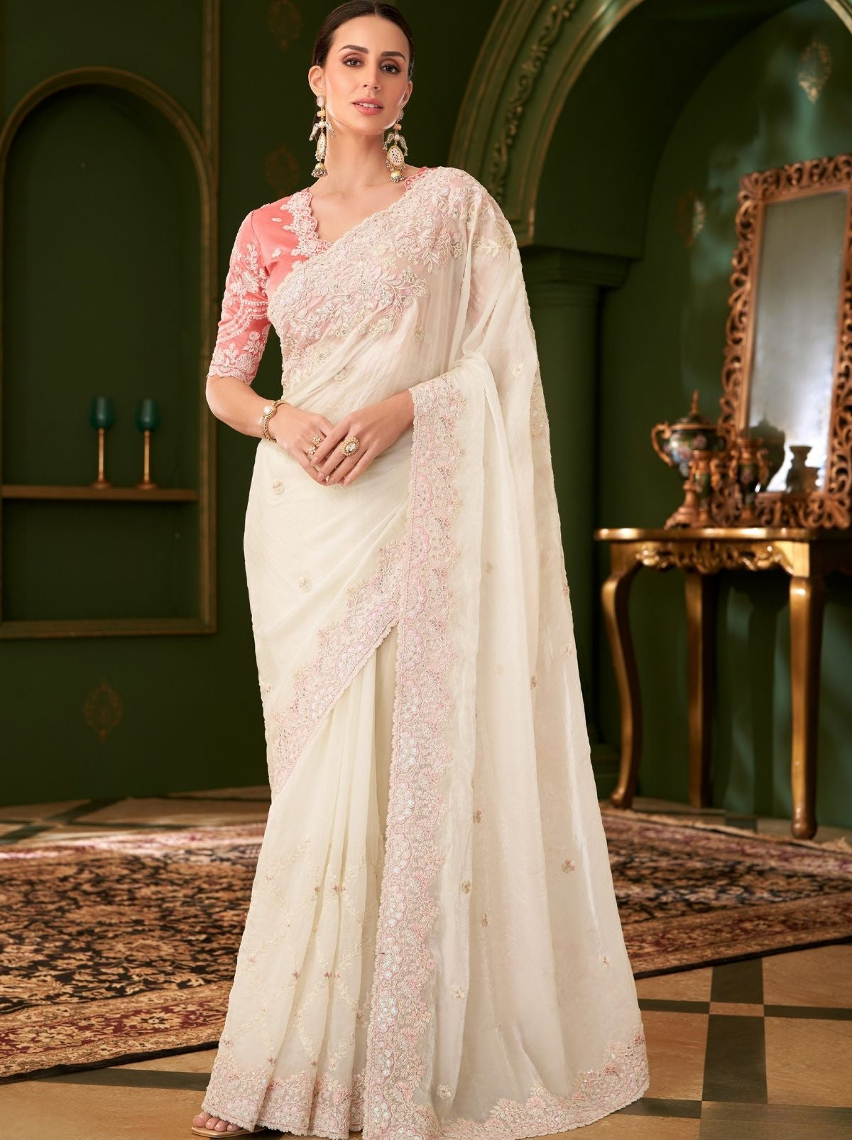 White Designer Georgette Silk Bridal Saree with Tassels