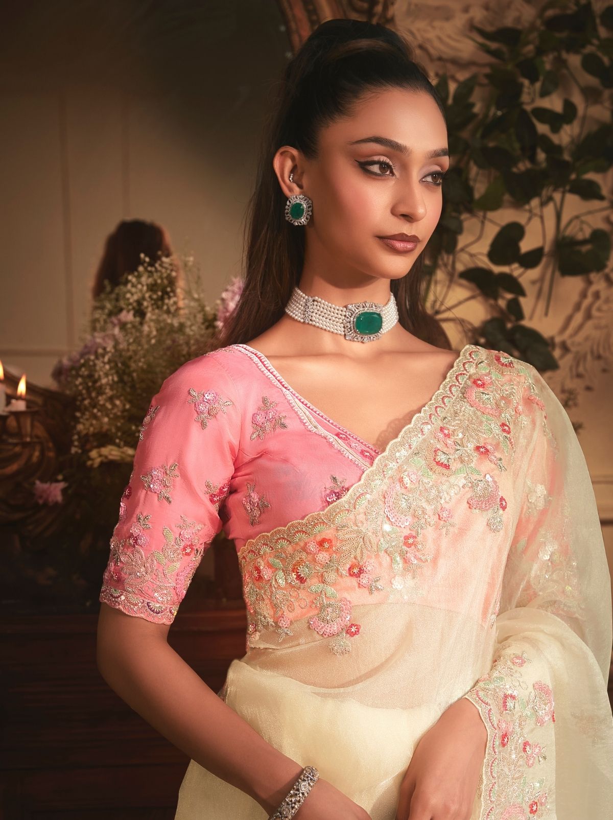Cream Designer Tissue Organza Saree with Stone Work
