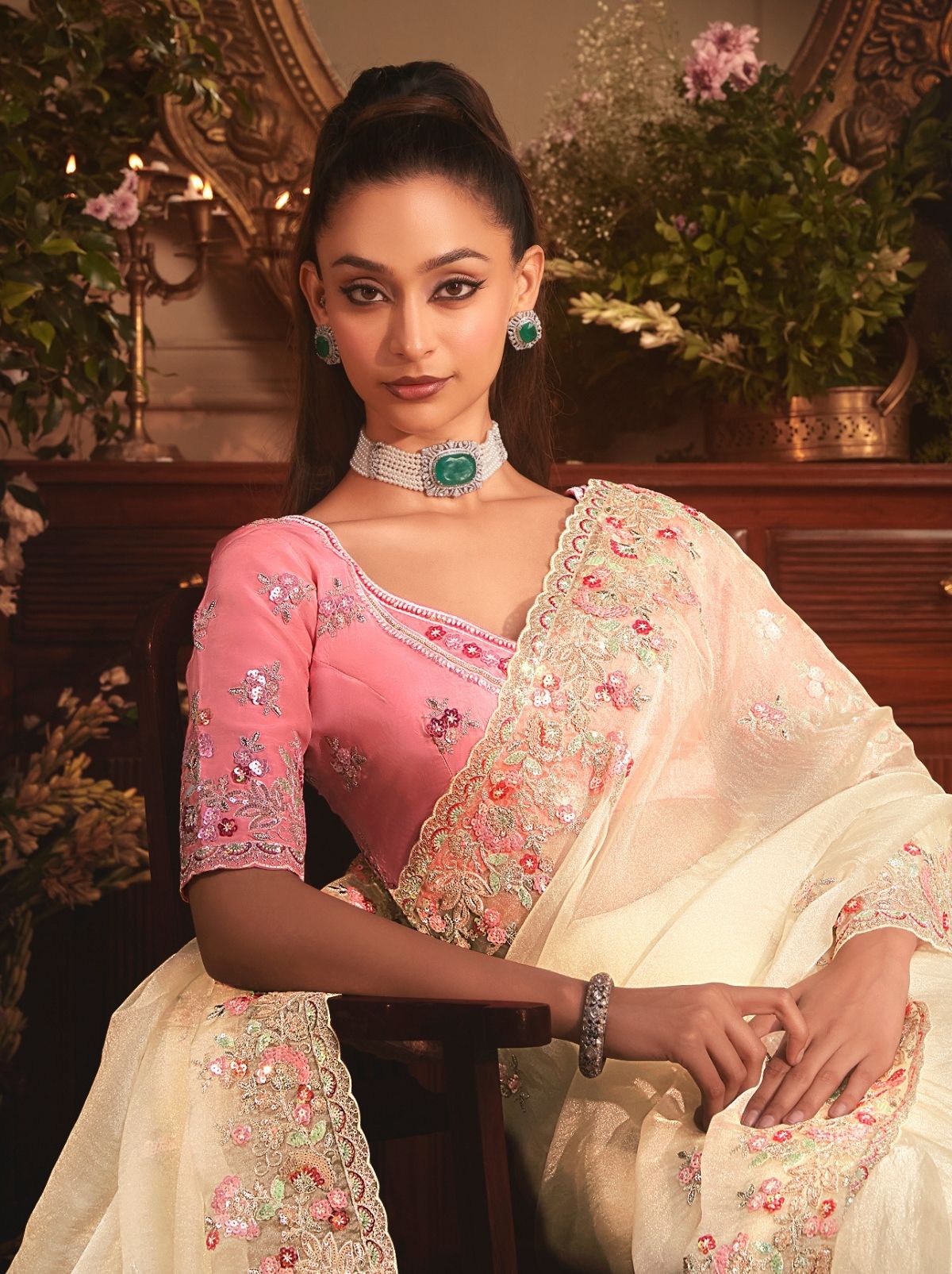 Cream Designer Tissue Organza Saree with Stone Work