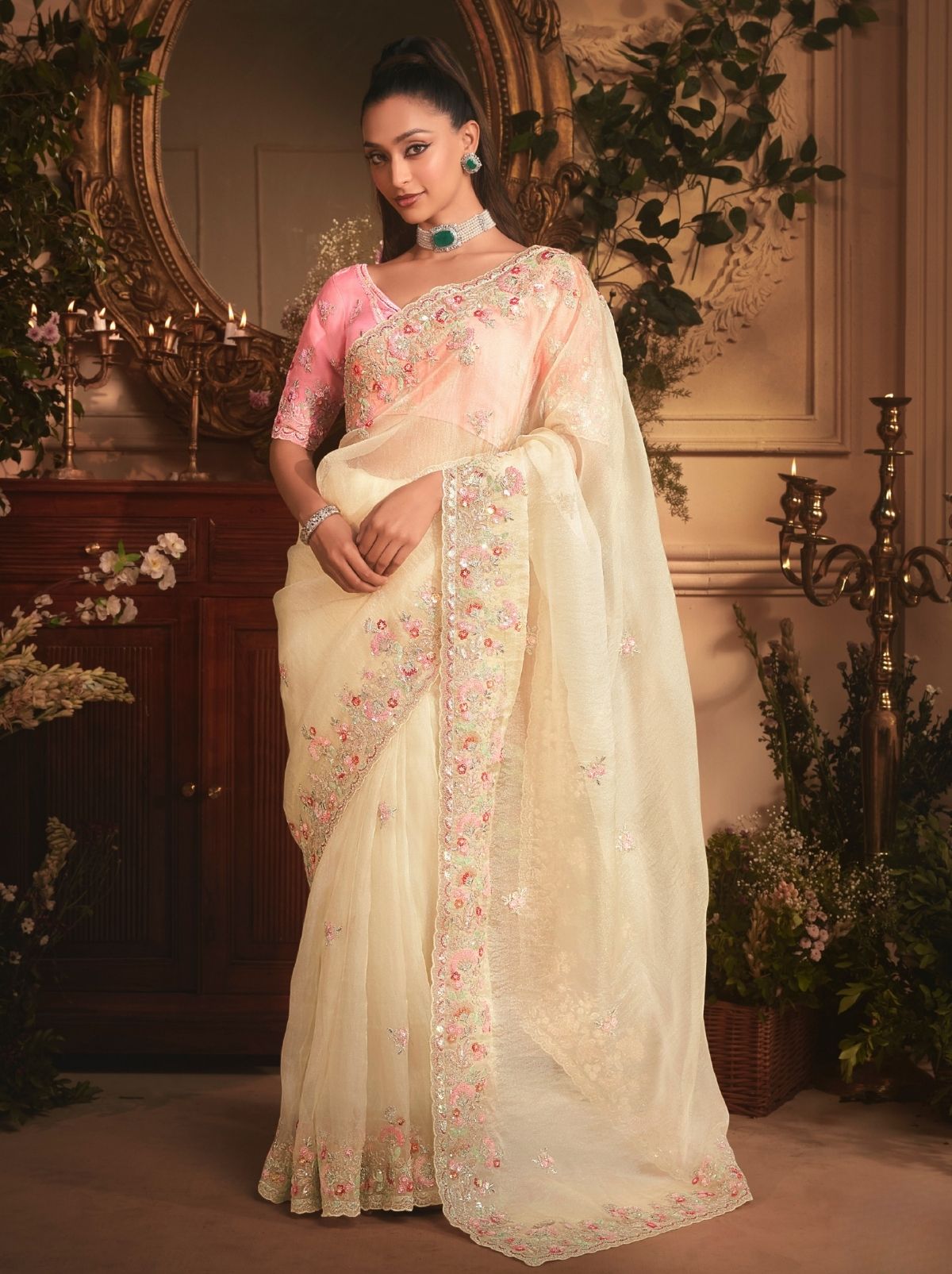 Cream Designer Tissue Organza Saree with Stone Work