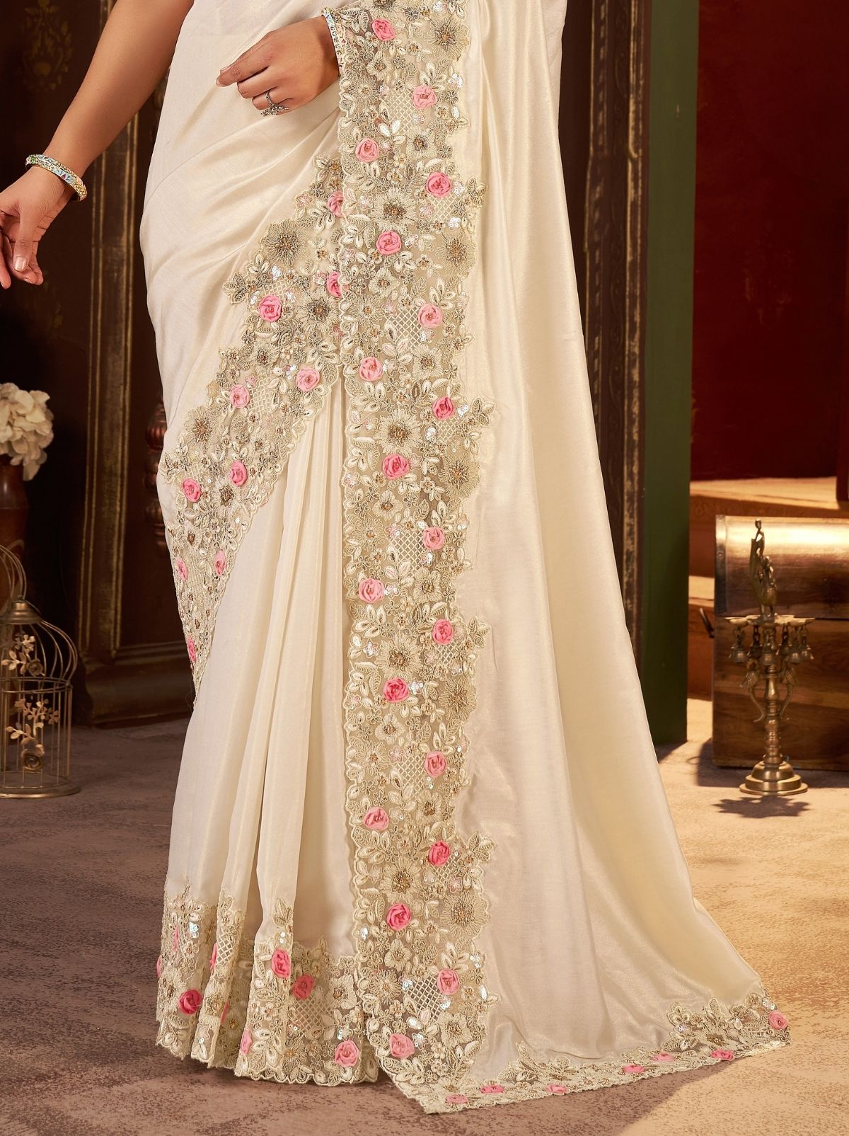 Pearl White Fancy Silk Wedding Saree With Designer Embroidery