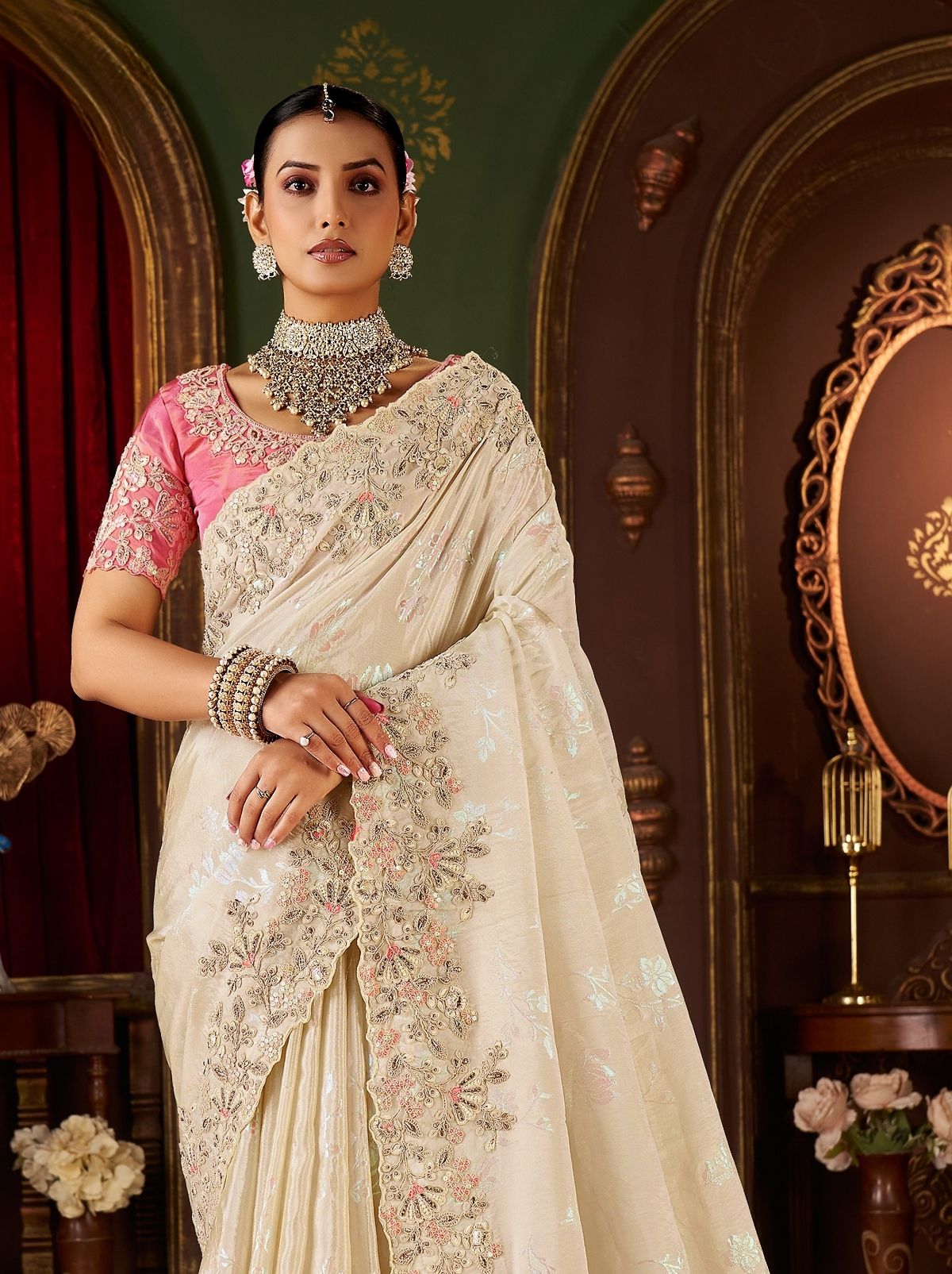 Whisper White Fancy Silk Wedding Saree With Designer Embroidery