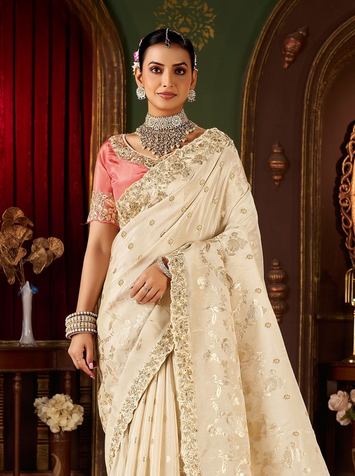Warm White Fancy Silk Wedding Saree With Designer Embroidery