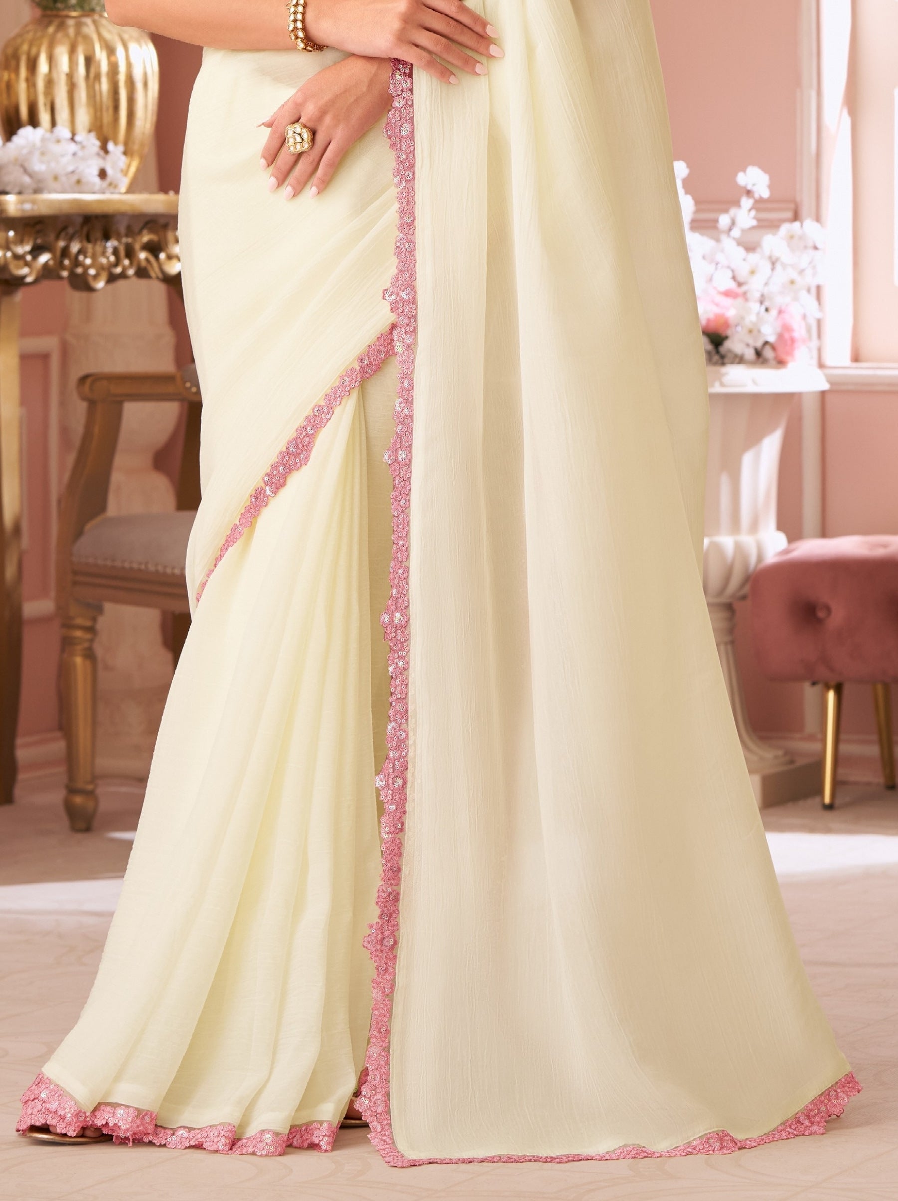 Pearl White Premium Designer Party Saree - TrendOye