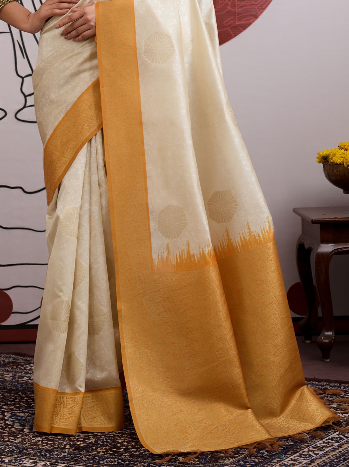 White-Golden Pongal Saree With Soft Gold Zari Weaving