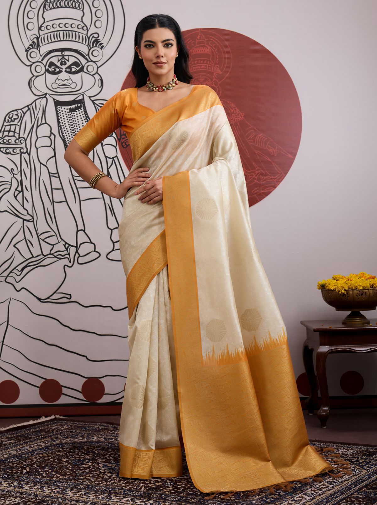 White-Golden Pongal Saree With Soft Gold Zari Weaving