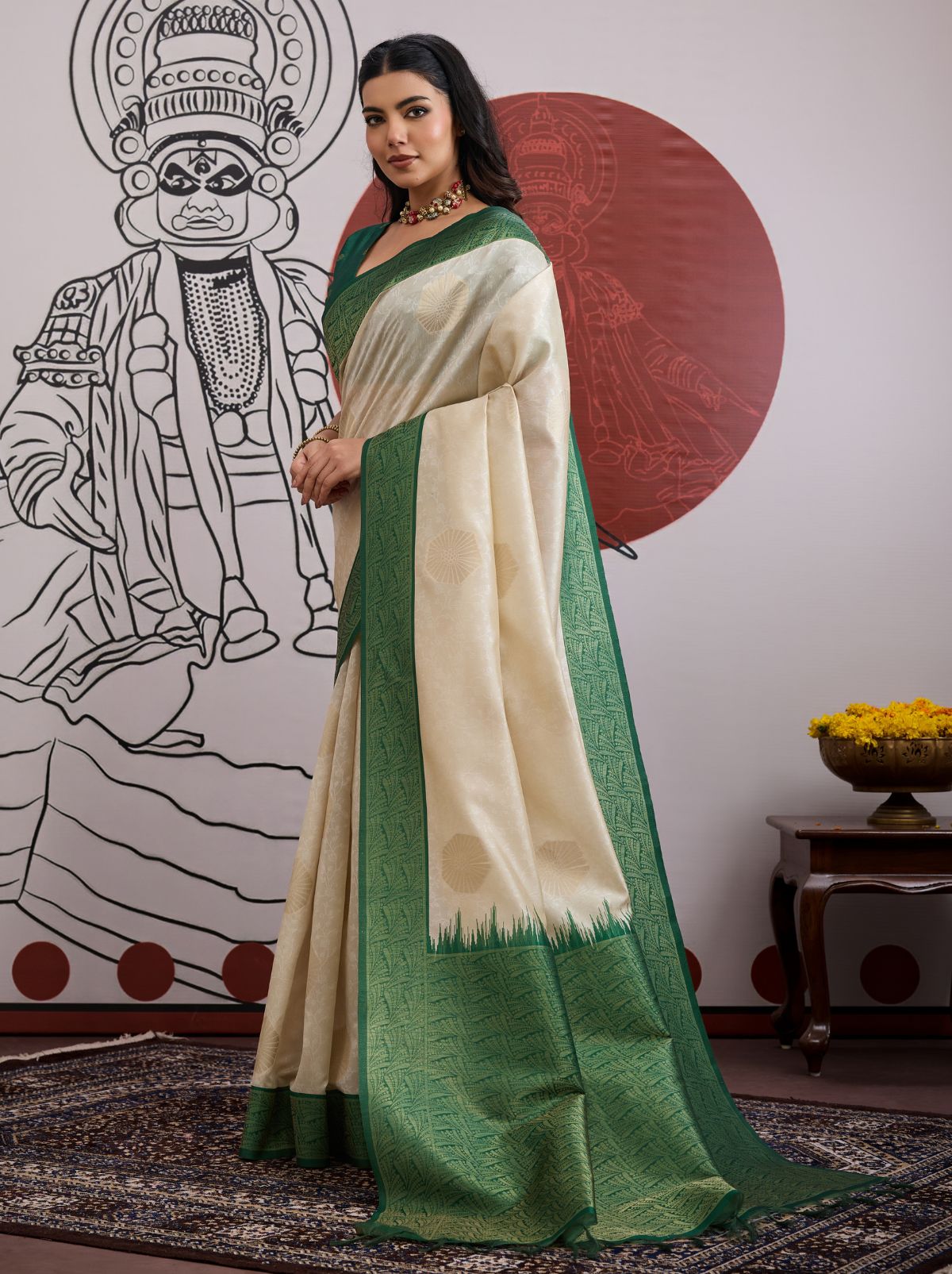 White-Green Pongal Saree With Soft Gold Zari Weaving