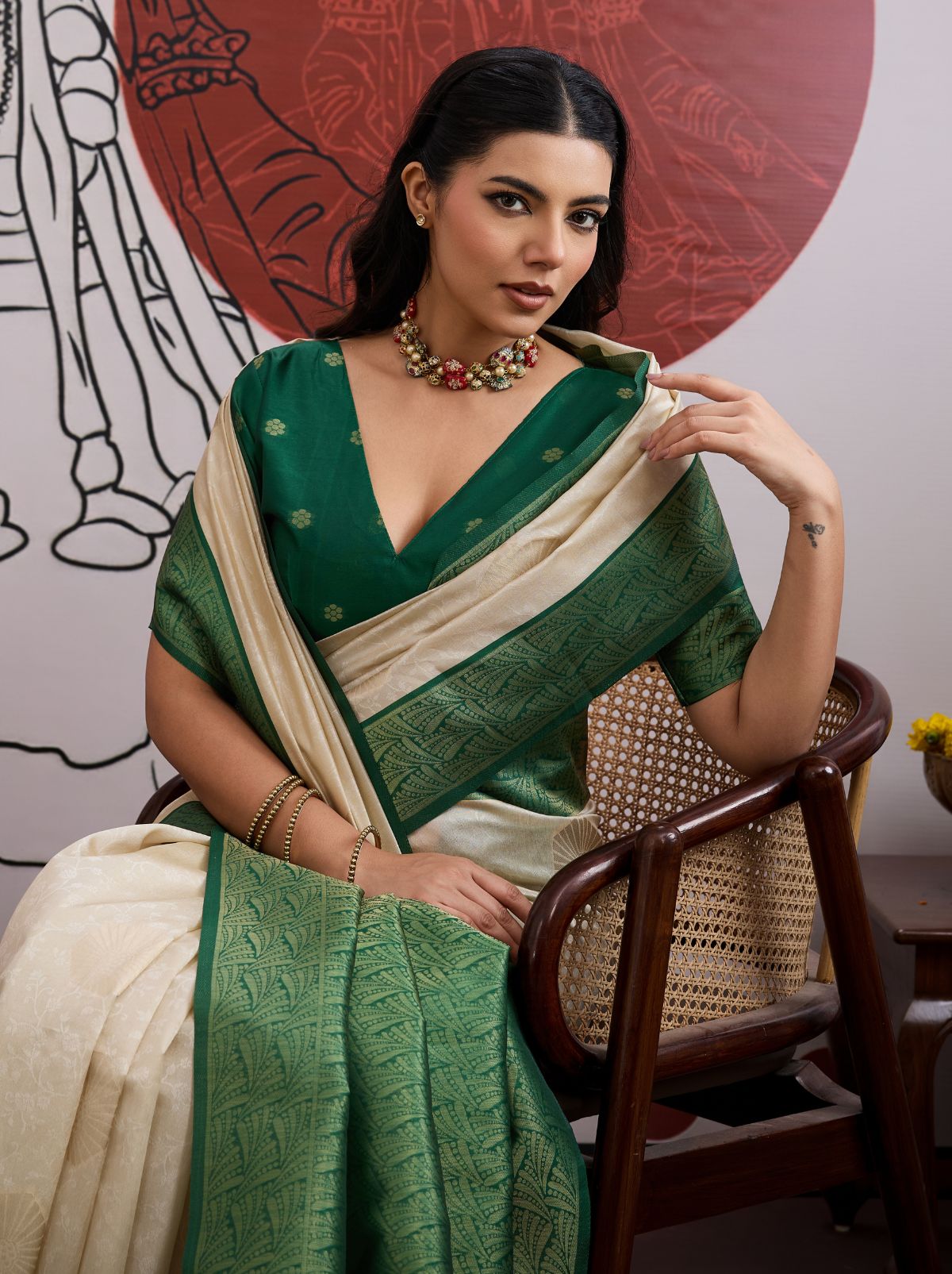 White-Green Pongal Saree With Soft Gold Zari Weaving