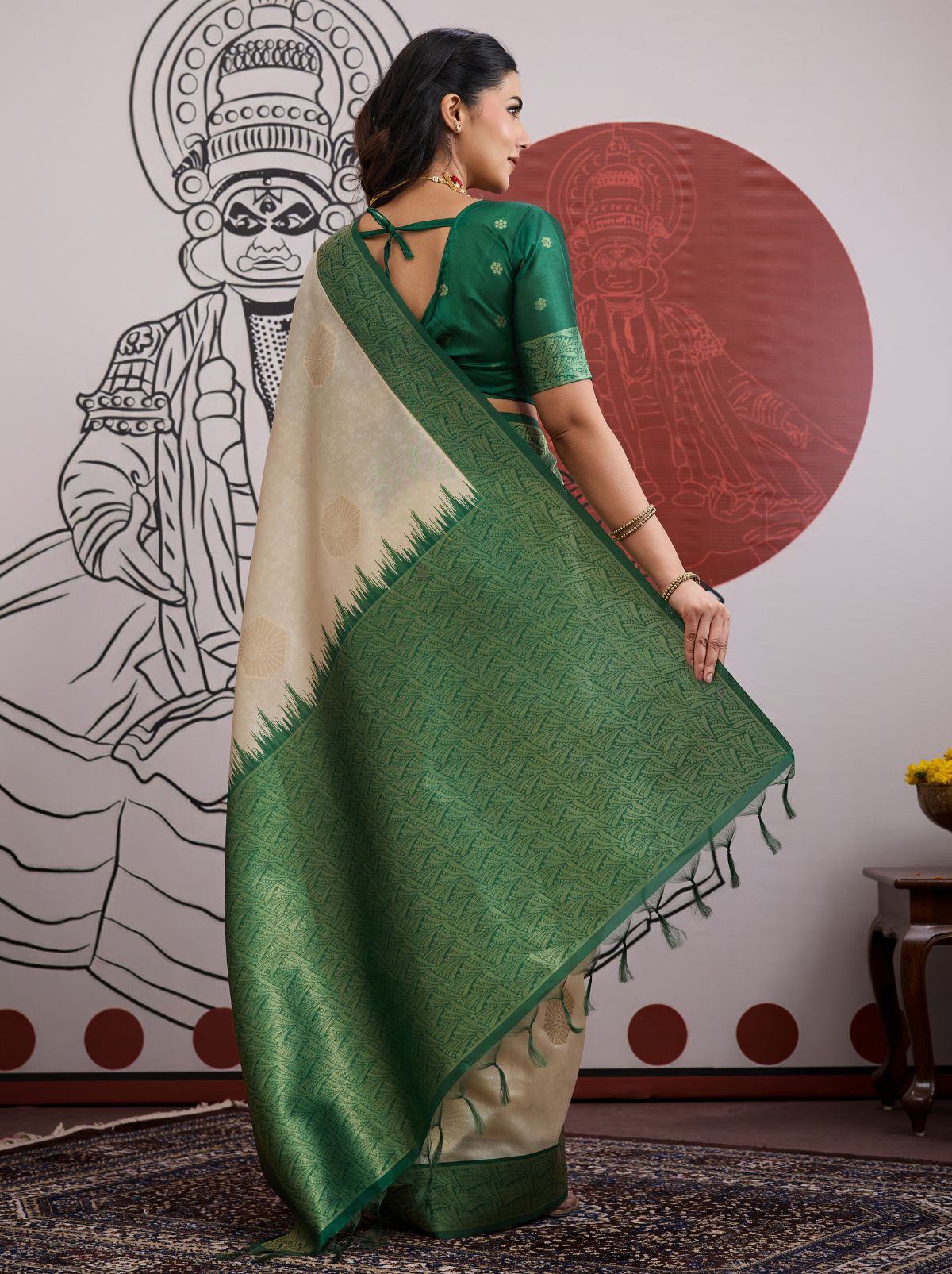 White-Green Pongal Saree With Soft Gold Zari Weaving