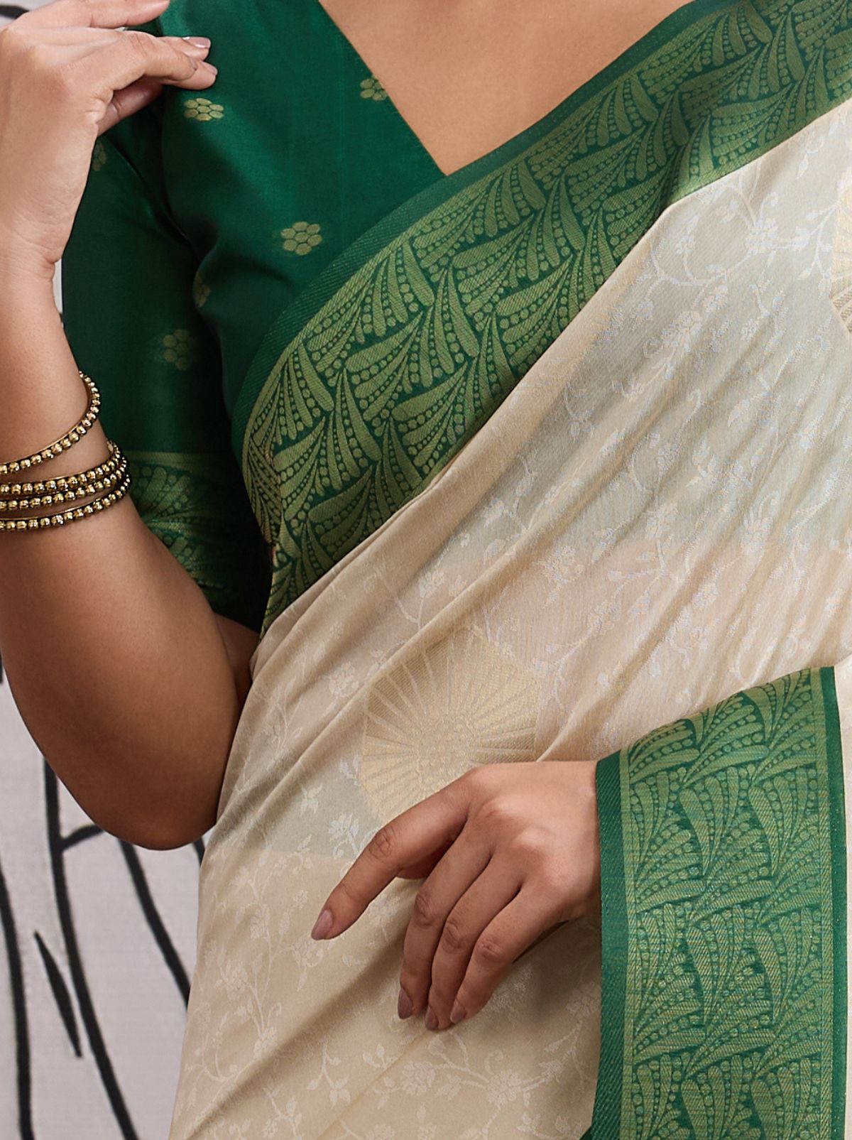 White-Green Pongal Saree With Soft Gold Zari Weaving