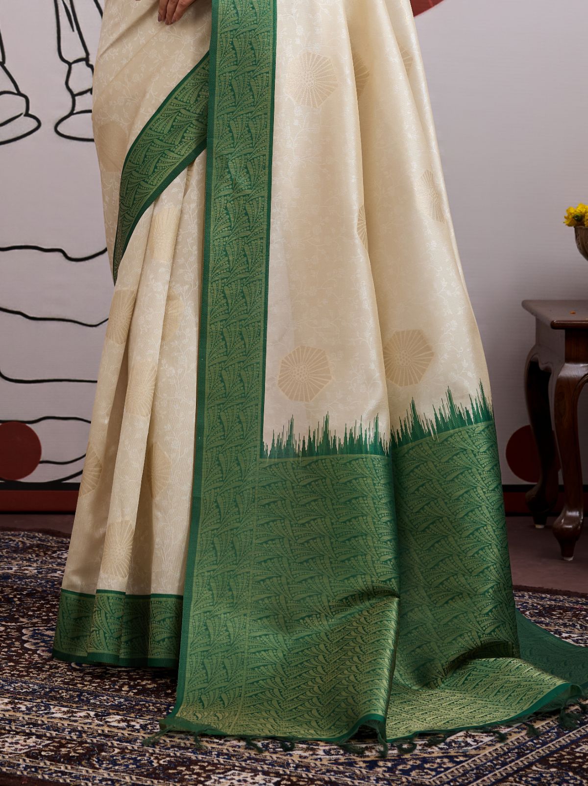 White-Green Pongal Saree With Soft Gold Zari Weaving