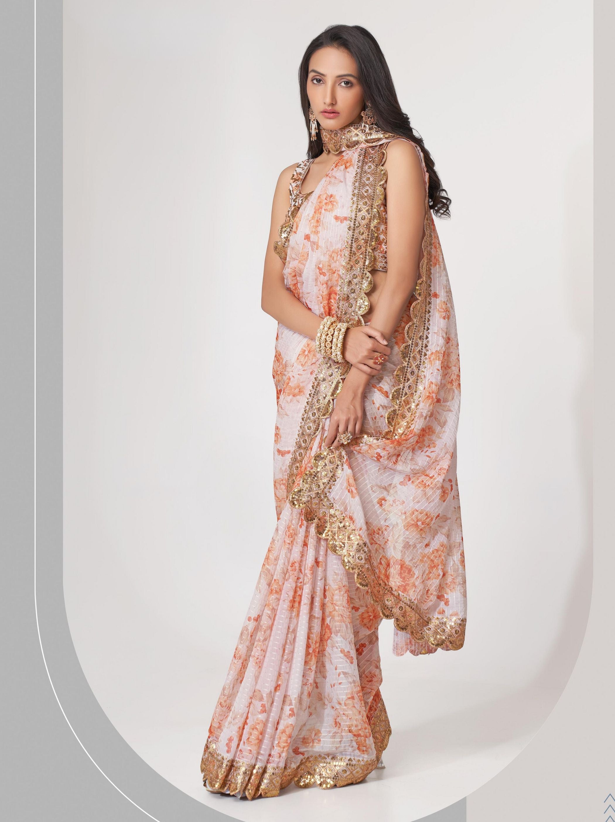 White Organza Digital Silk Sequin Saree - TrendOye