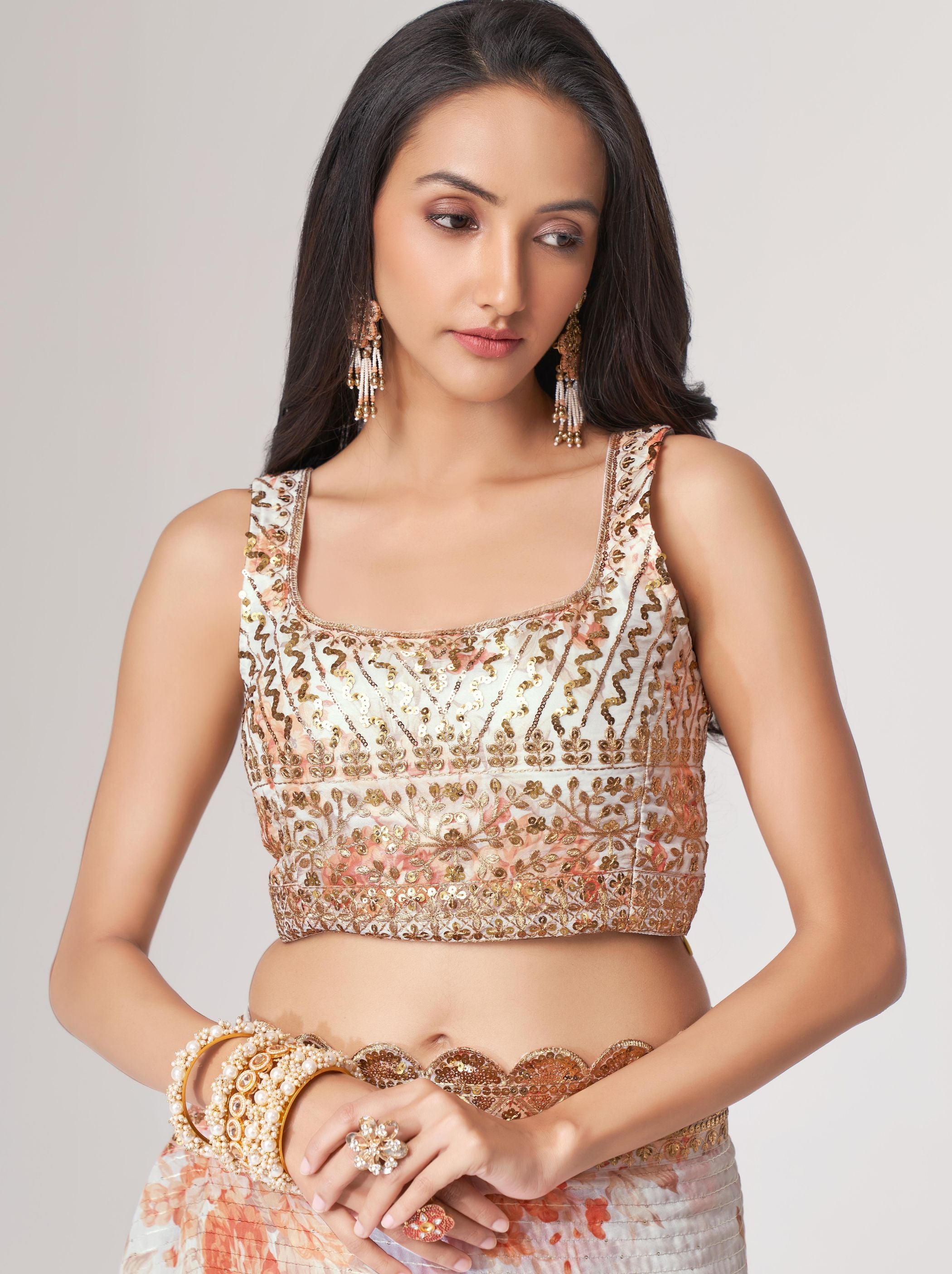 White Organza Digital Silk Sequin Saree - TrendOye