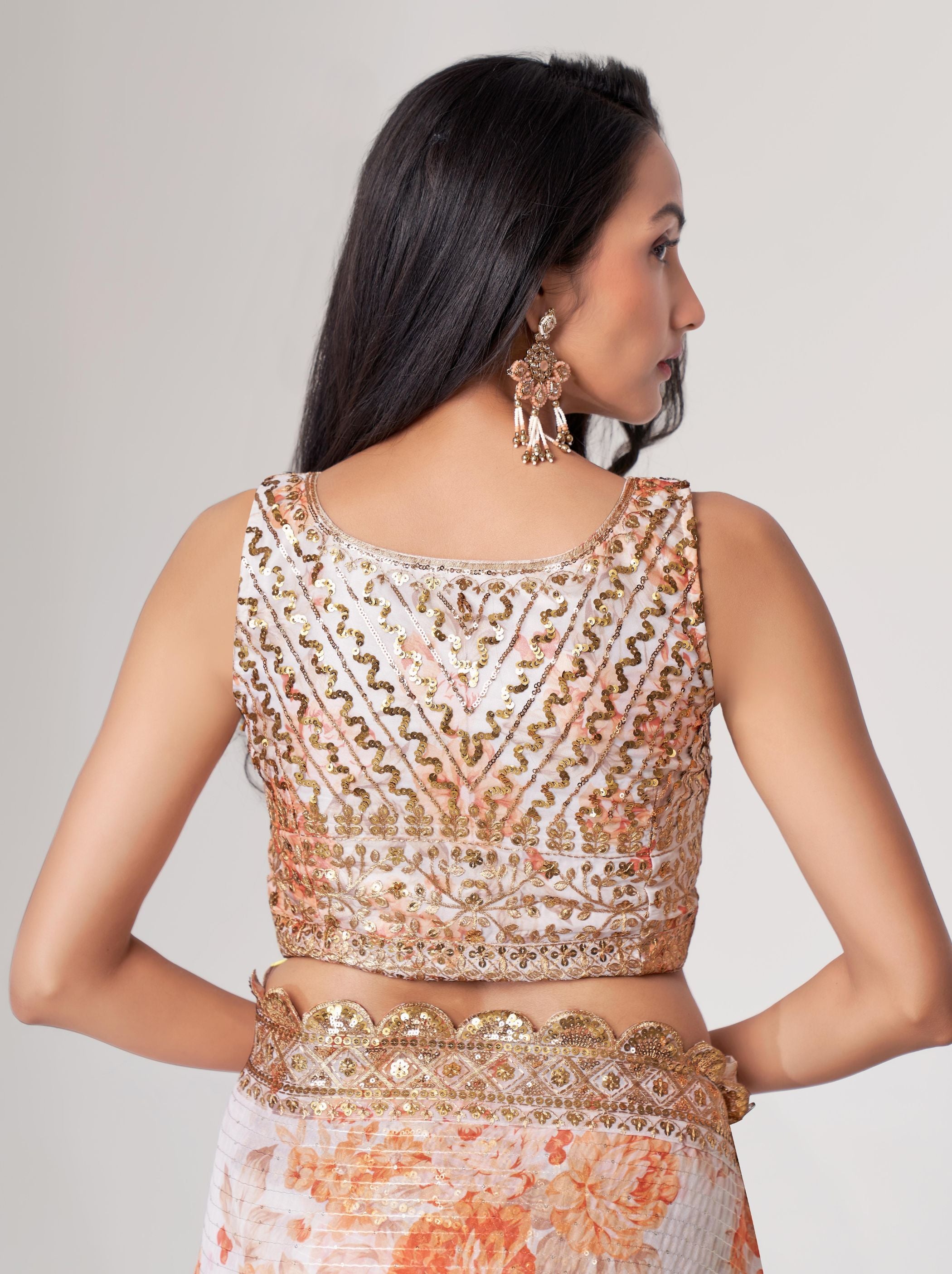 White Organza Digital Silk Sequin Saree - TrendOye