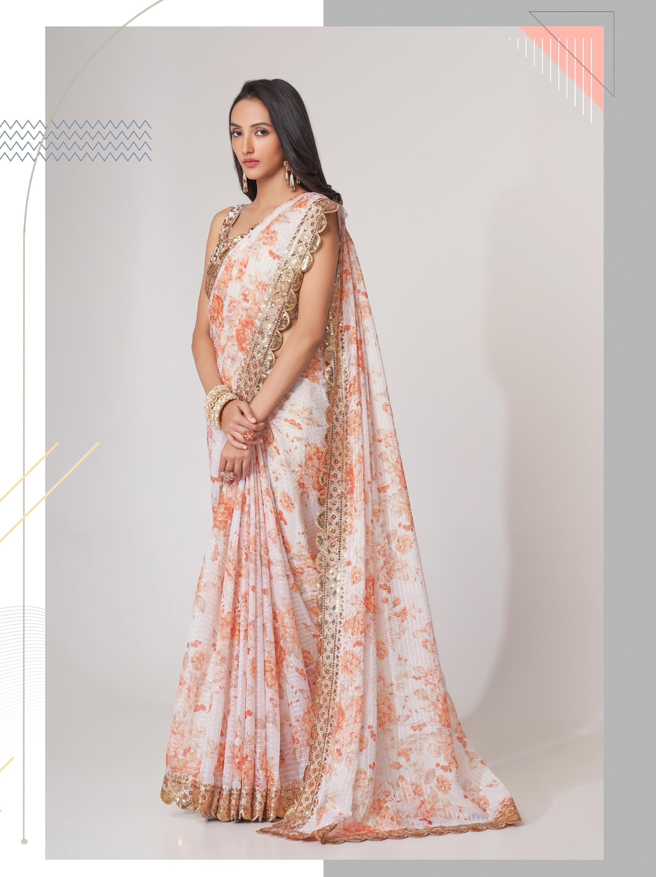 White Organza Digital Silk Sequin Saree - TrendOye