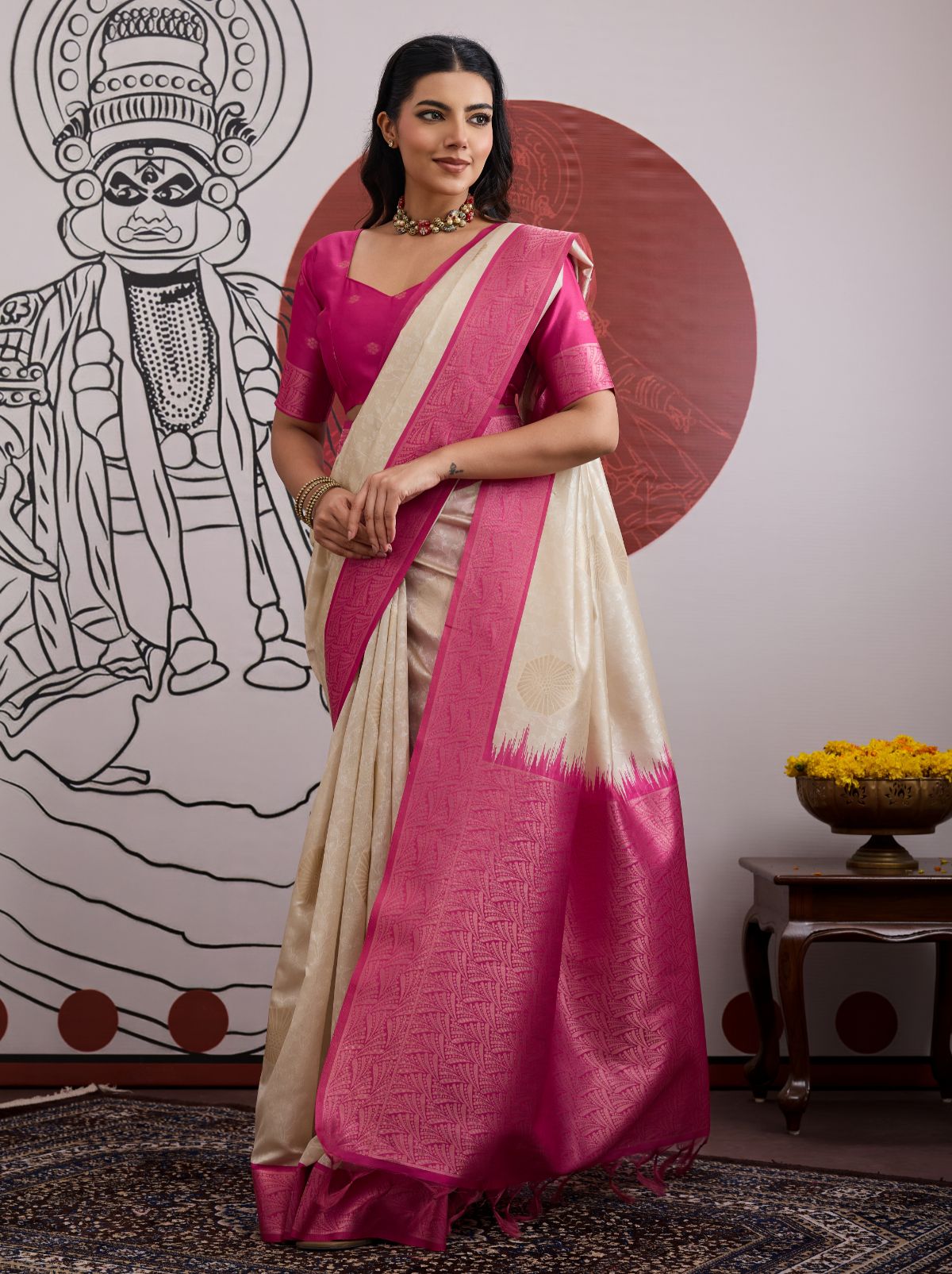 White-Pink Pongal Saree With Soft Gold Zari Weaving