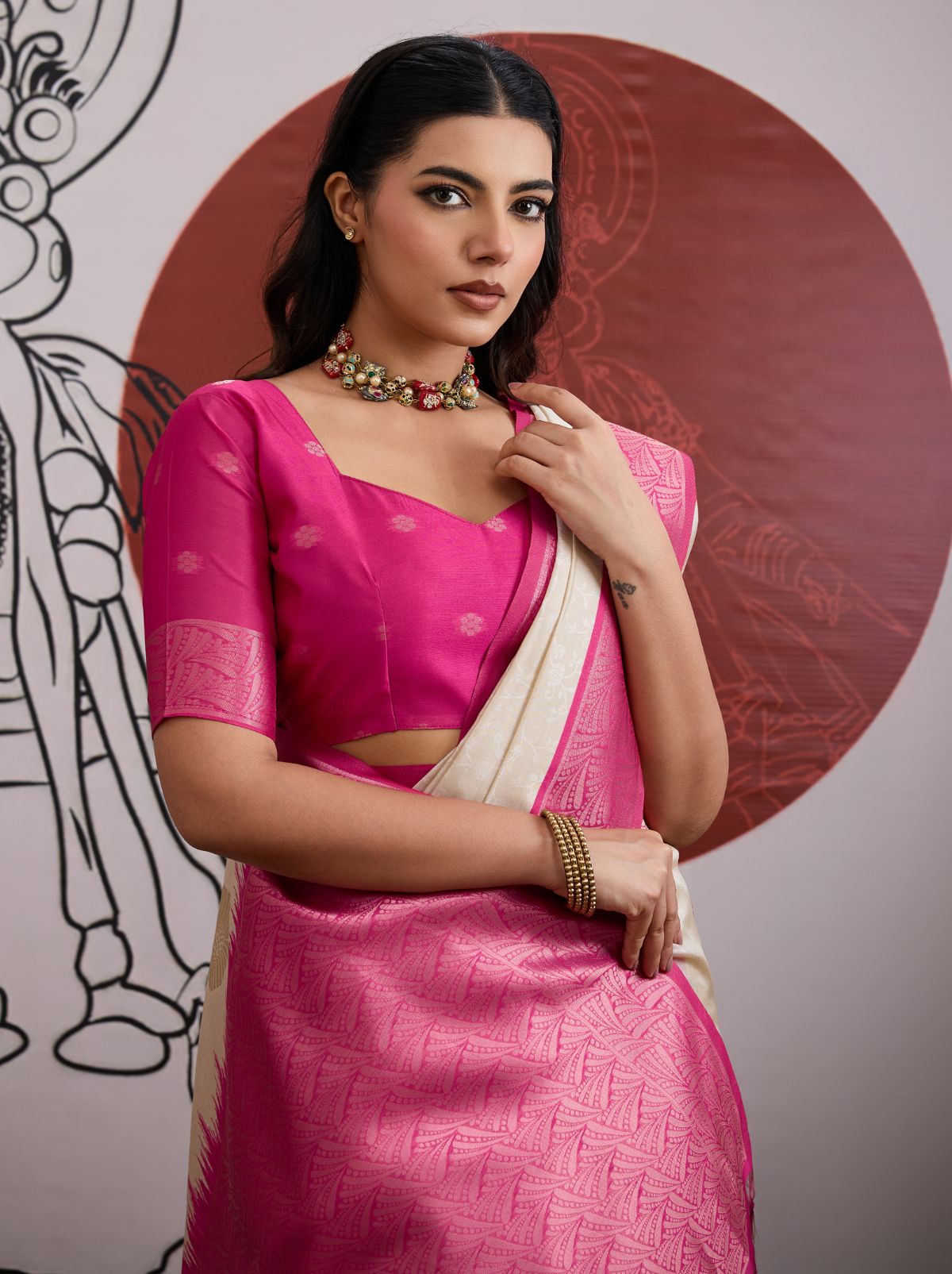 White-Pink Pongal Saree With Soft Gold Zari Weaving