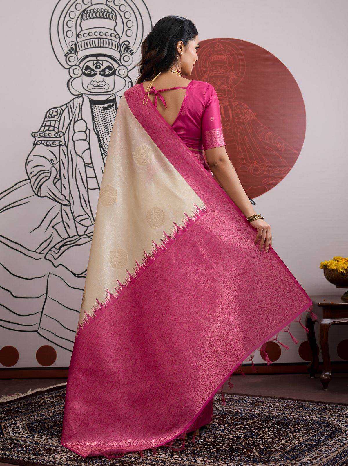 White-Pink Pongal Saree With Soft Gold Zari Weaving