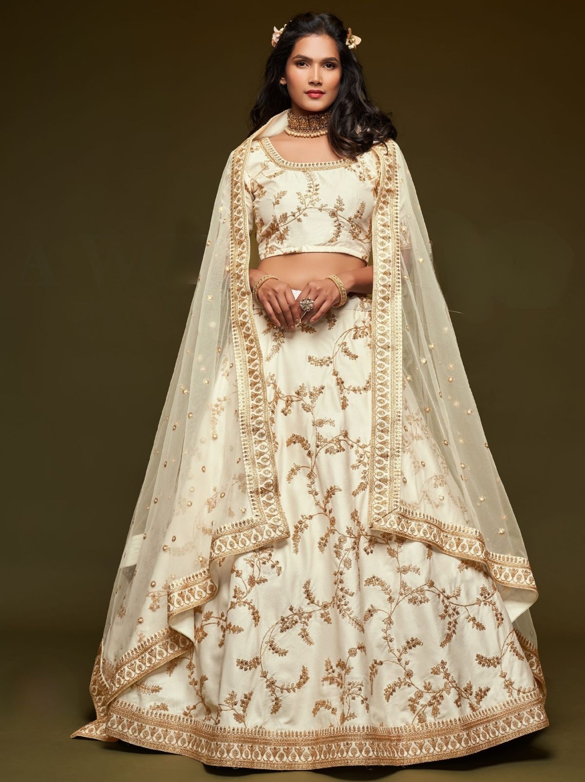 Pearl White Premium Celebration Lehenga Set With Sequin & Zari Work