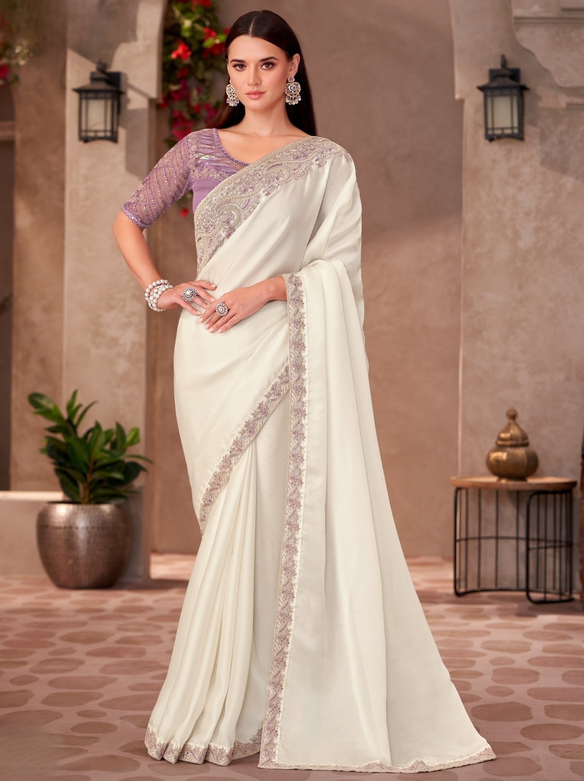 2195 Traditional White Fabric Pearl Embroidery Cloth Maggam Work Saree Buy White Pearl Embroidered Tissue Designer Saree with  main image 2