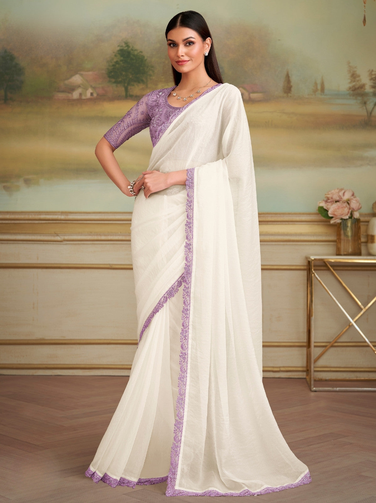 White Premium Georgette Silk Saree For Wedding & Parties