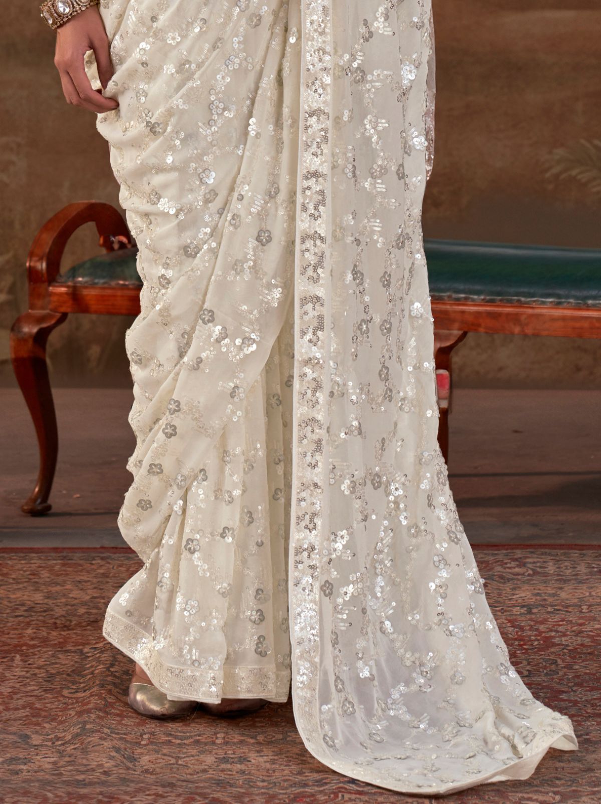 White Premium Georgette Silk Saree Sequin & Thread Work