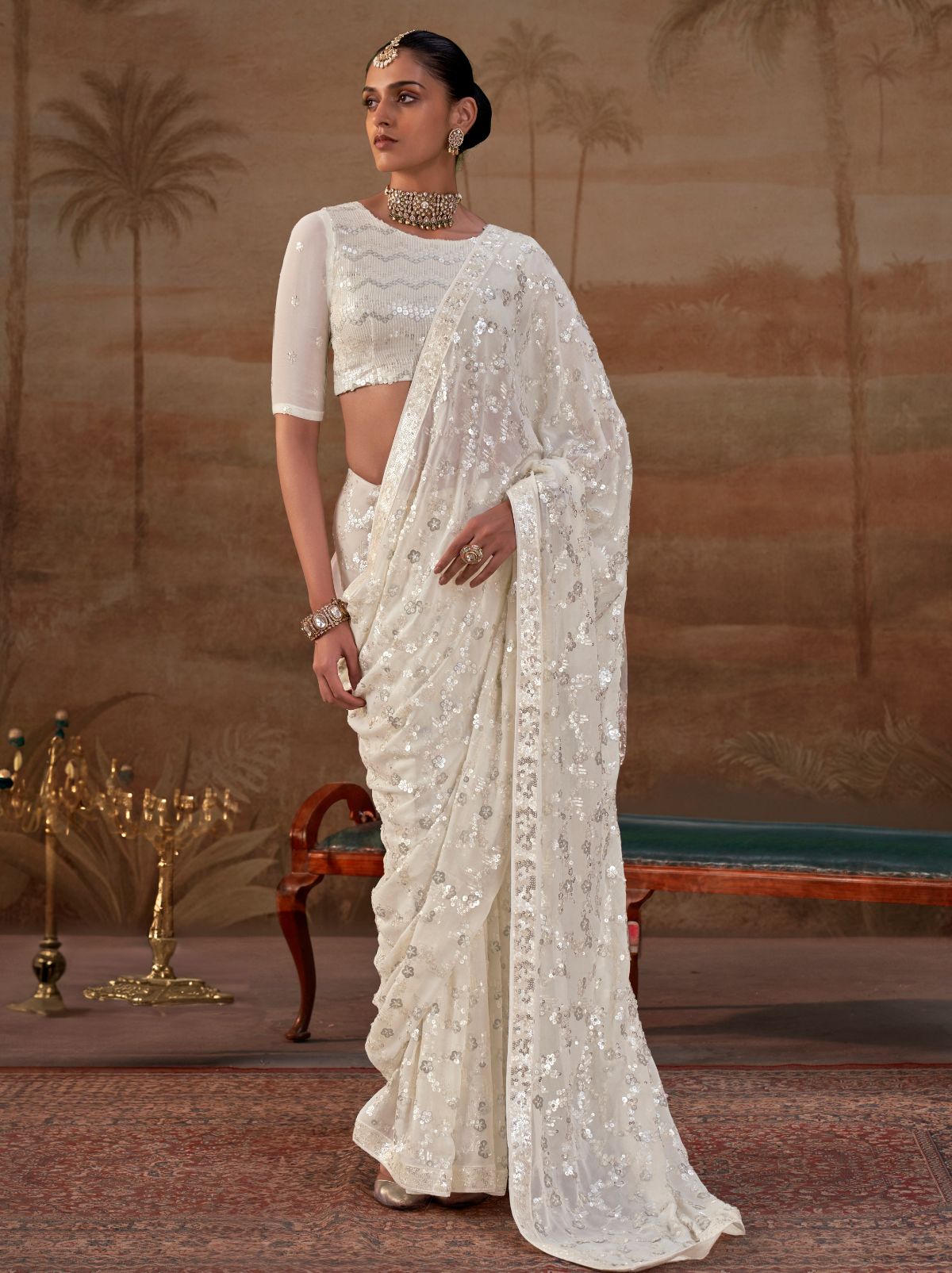 White Premium Georgette Silk Saree Sequin & Thread Work