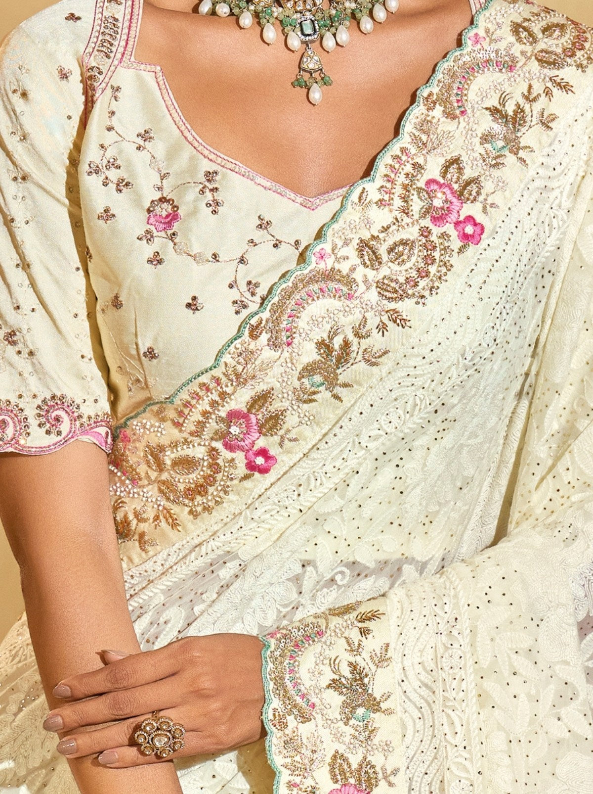 White Premium Georgette Silk Saree With Soft Zari Work