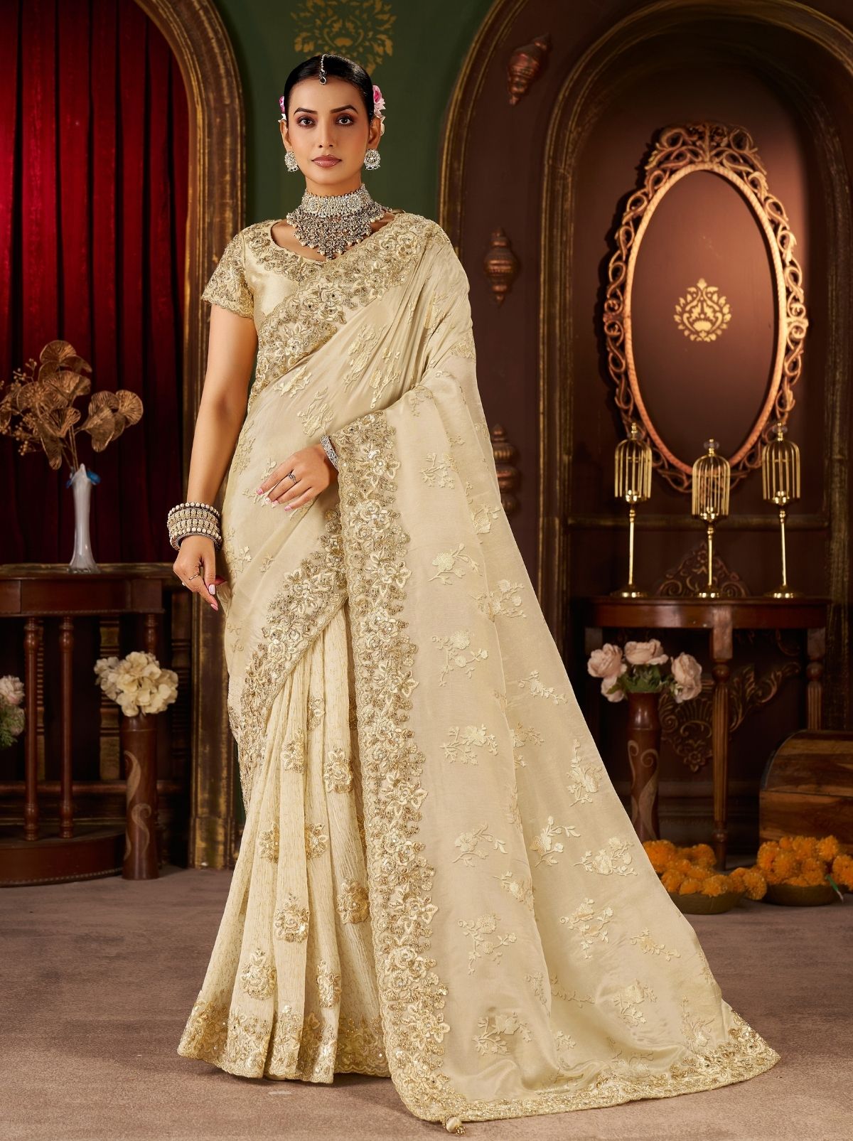 Off White Premium Heavy Work Bridal Saree With Rich Border Design