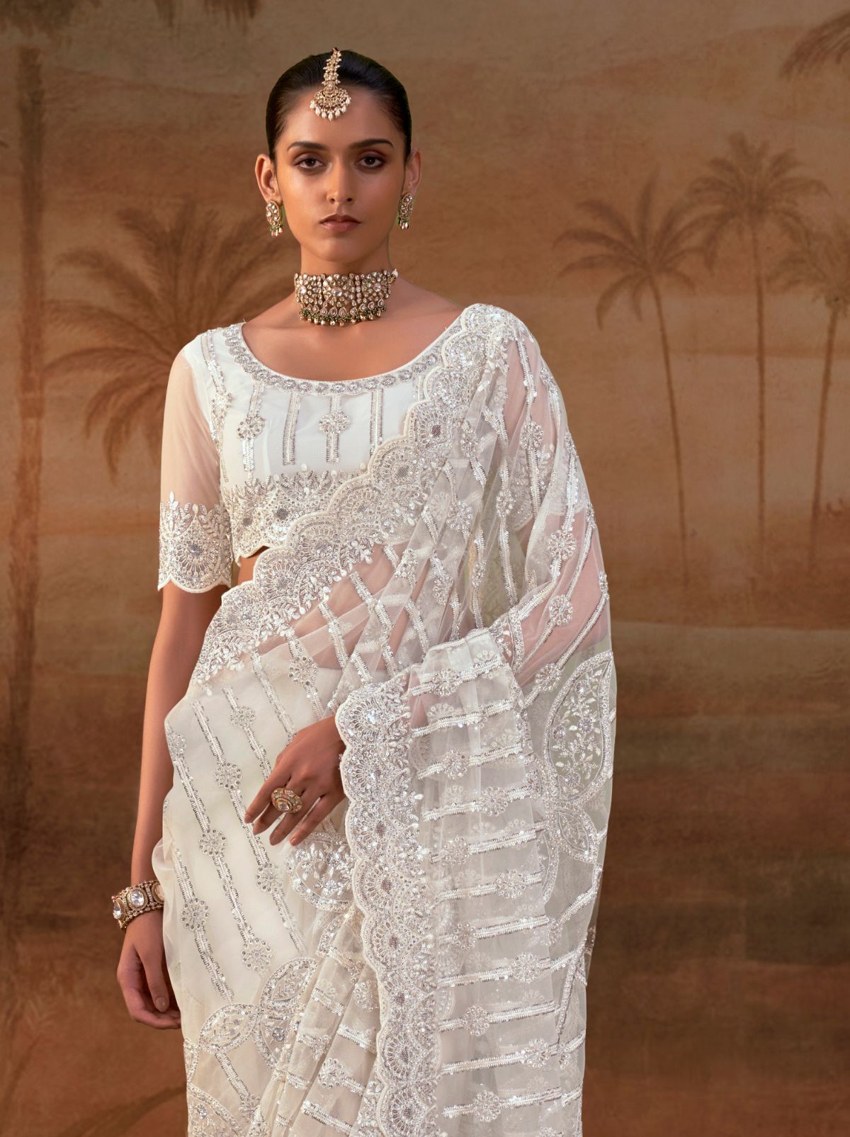 White Premium Net Saree with Heavy Embroidery & Zarkan Work
