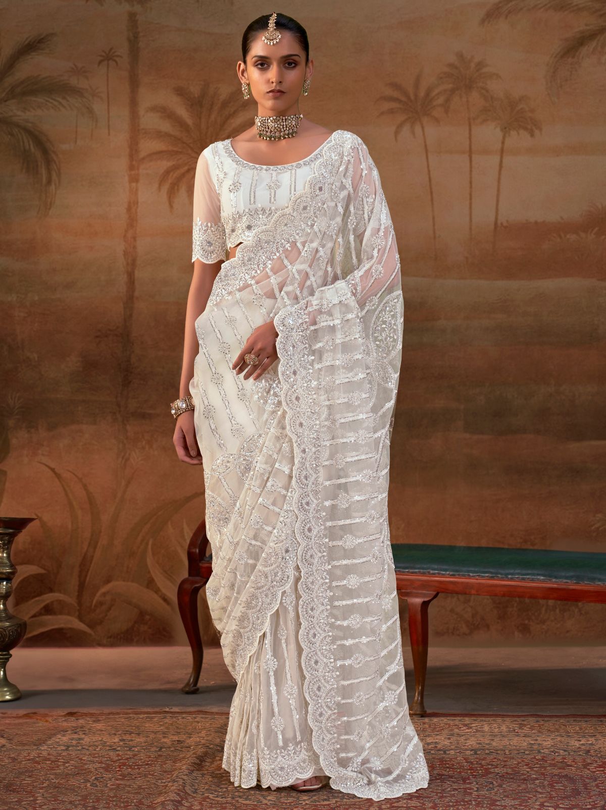 White Premium Net Saree with Heavy Embroidery & Zarkan Work