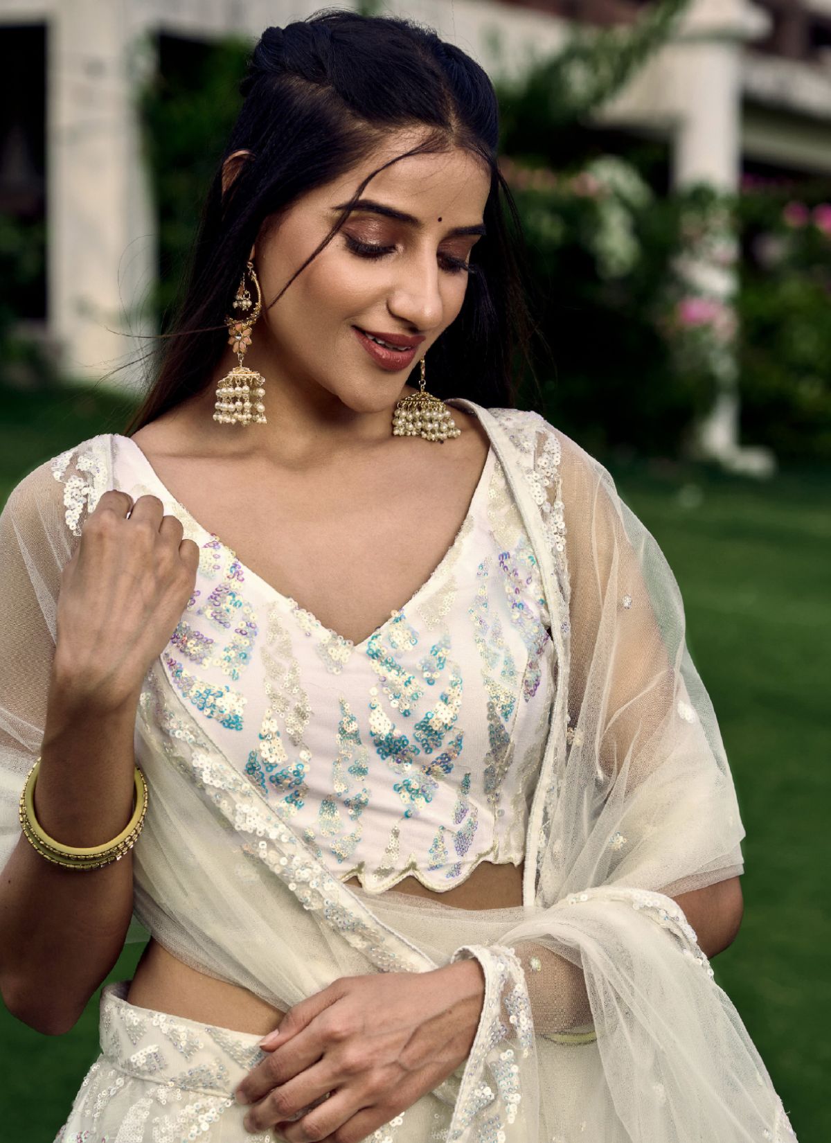 Pearl White Premium Party Lehenga Set With Sequin Work - TrendOye