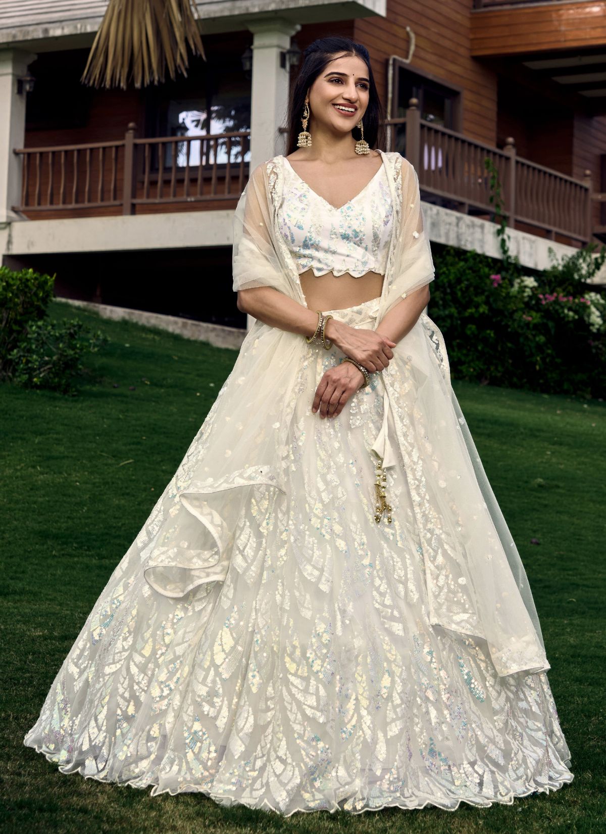 Pearl White Premium Party Lehenga Set With Sequin Work - TrendOye