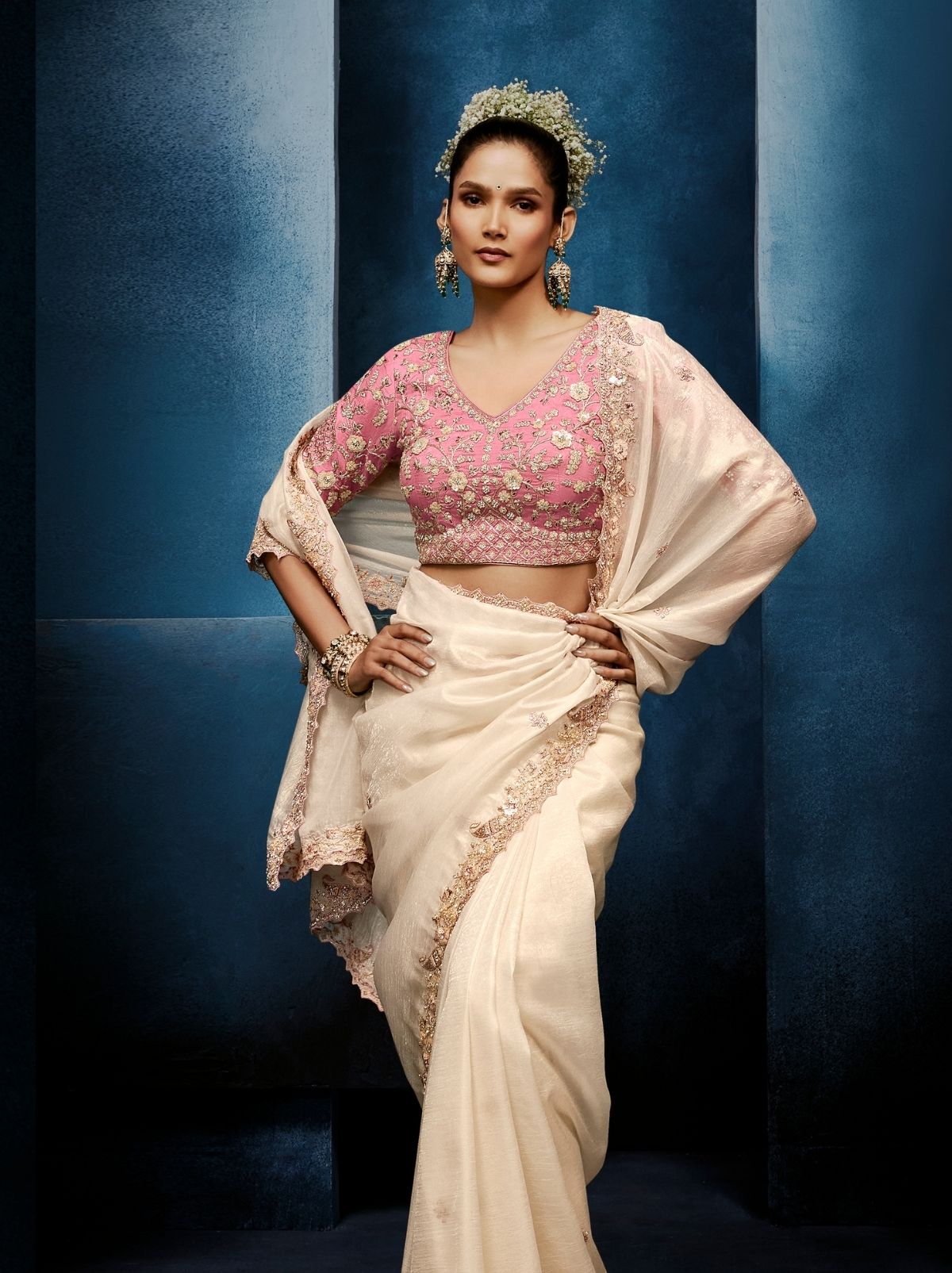 Off White Premium Sequin Embellished Designer Saree With Blouse - TrendOye
