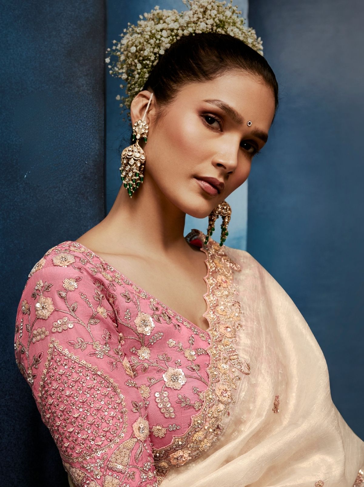 Off White Premium Sequin Embellished Designer Saree With Blouse - TrendOye