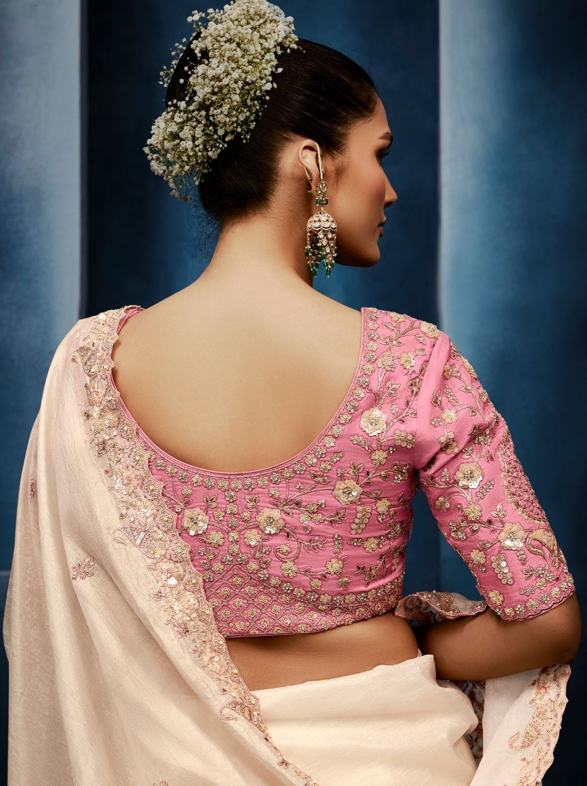 Off White Premium Sequin Embellished Designer Saree With Blouse - TrendOye