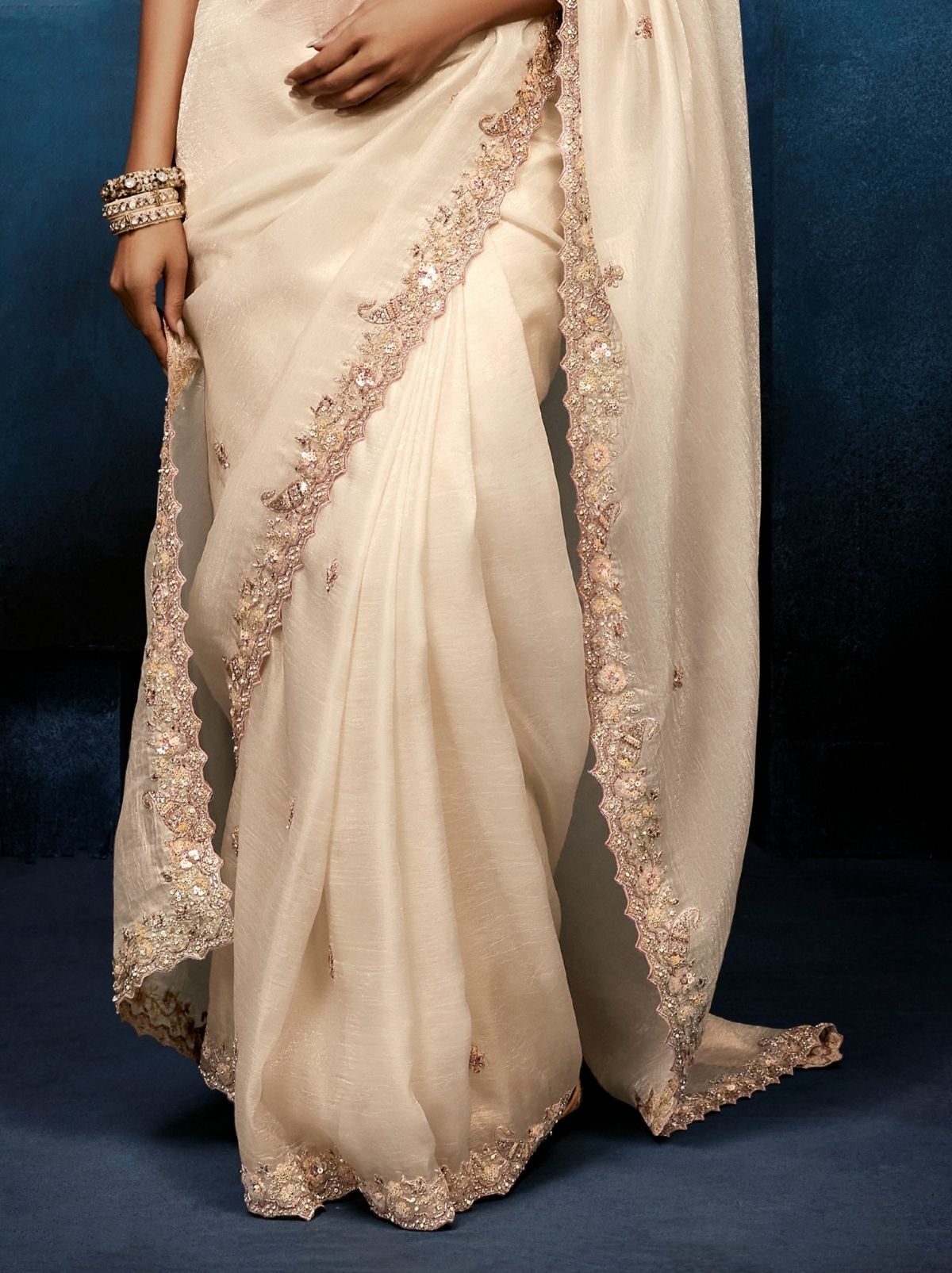 Off White Premium Sequin Embellished Designer Saree With Blouse - TrendOye
