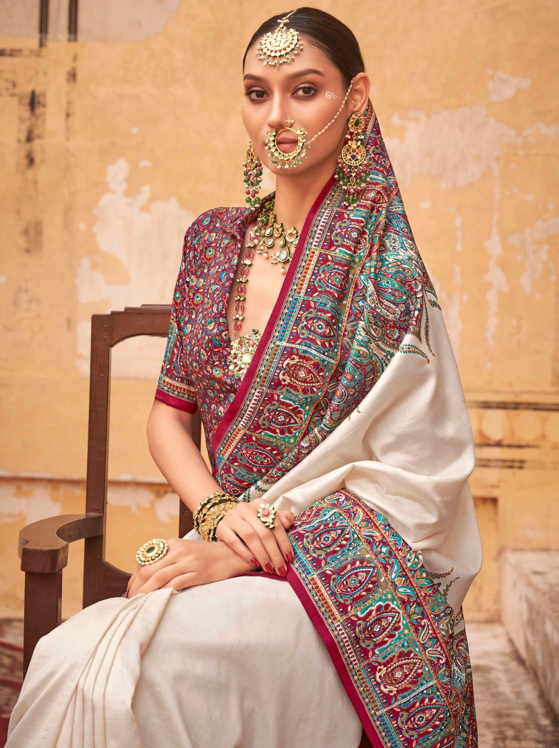 Pearl White Silk Celebration Saree - TrendOye