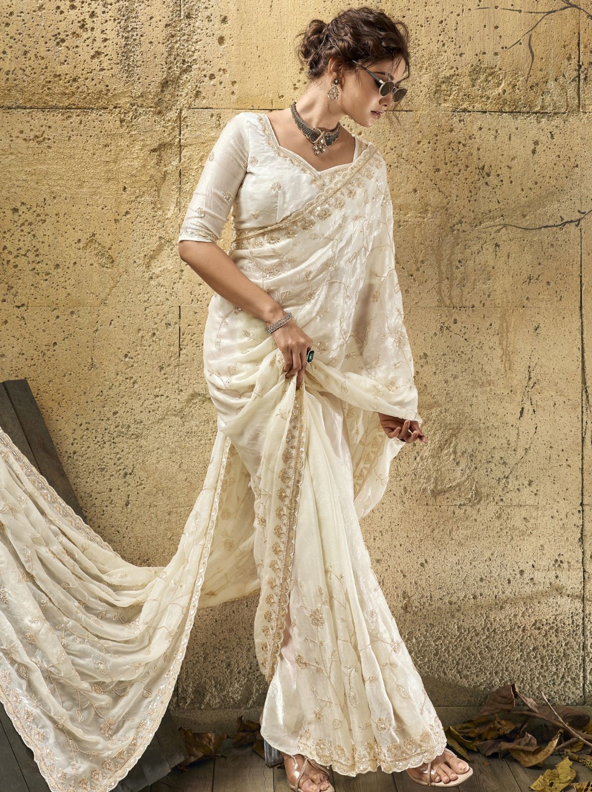 White Premium Velvet Satin Saree With Sequin & Zari Work