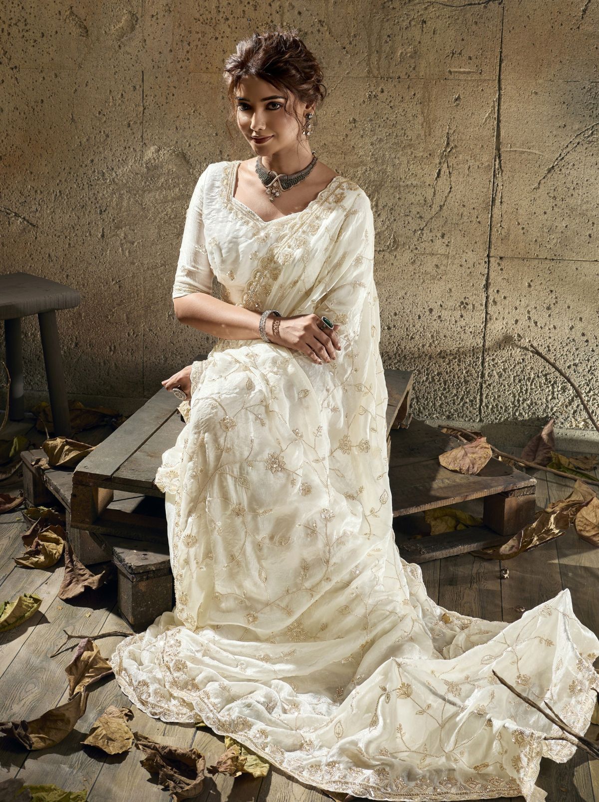 White Premium Velvet Satin Saree With Sequin & Zari Work