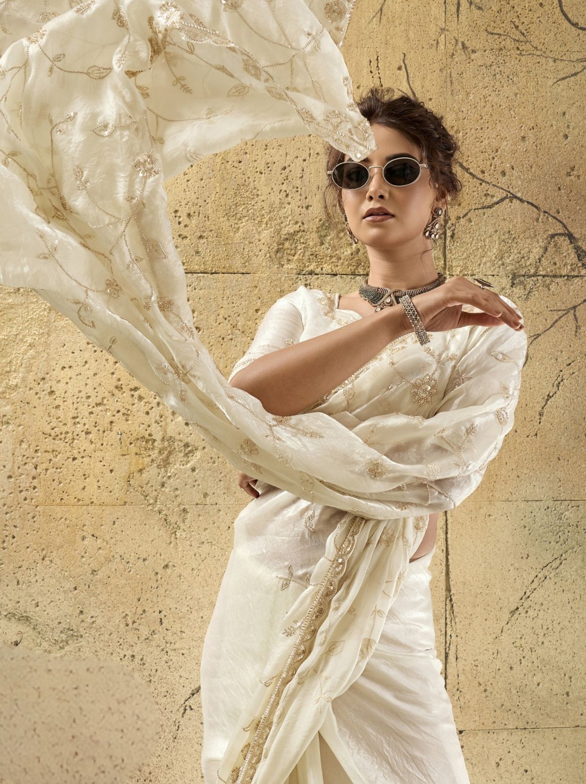 White Premium Velvet Satin Saree With Sequin & Zari Work