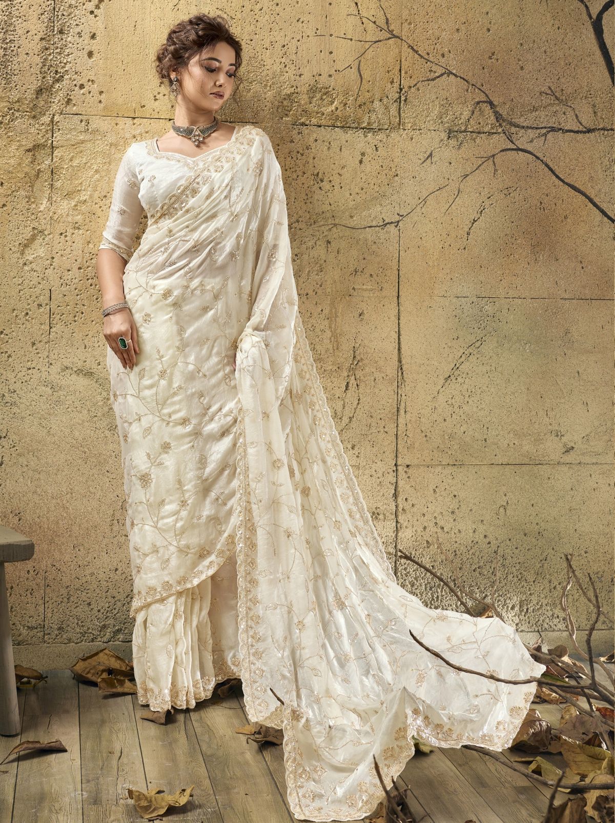 White Premium Velvet Satin Saree With Sequin & Zari Work