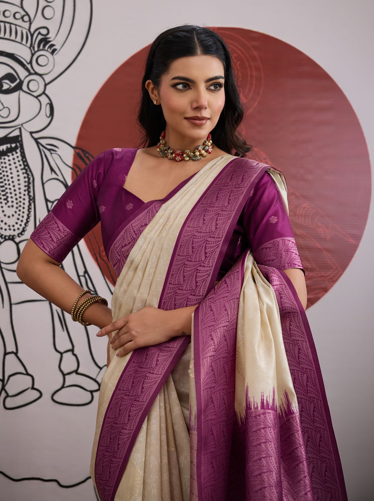 White-Purple Pongal Saree With Soft Gold Zari Weaving