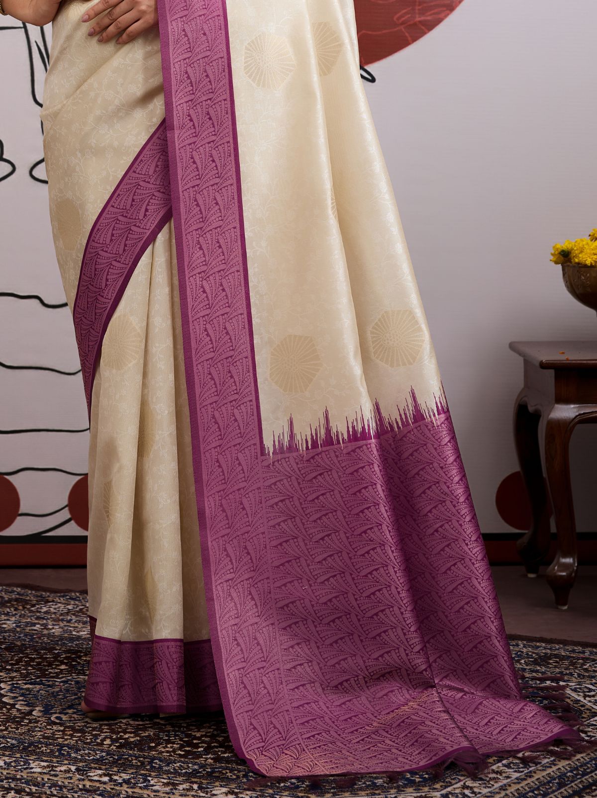 White-Purple Pongal Saree With Soft Gold Zari Weaving