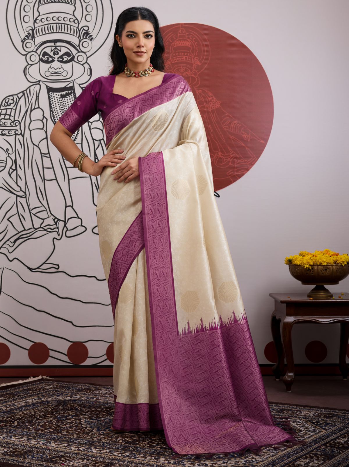White-Purple Pongal Saree With Soft Gold Zari Weaving